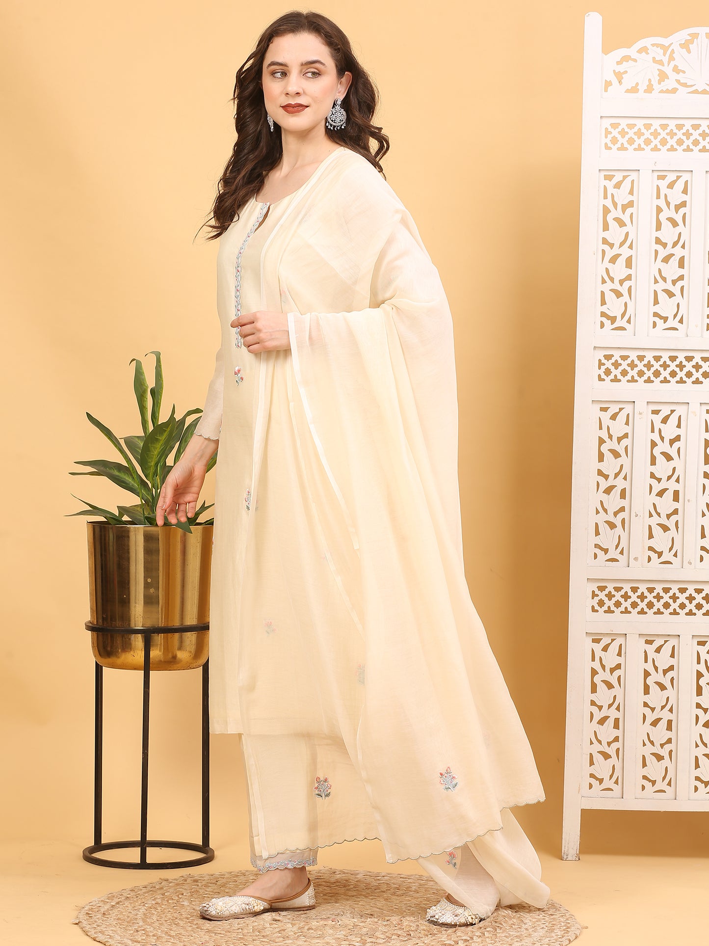 Cream Chanderi Silk Stitched Suit - Elegant Traditional Ethnic Wear