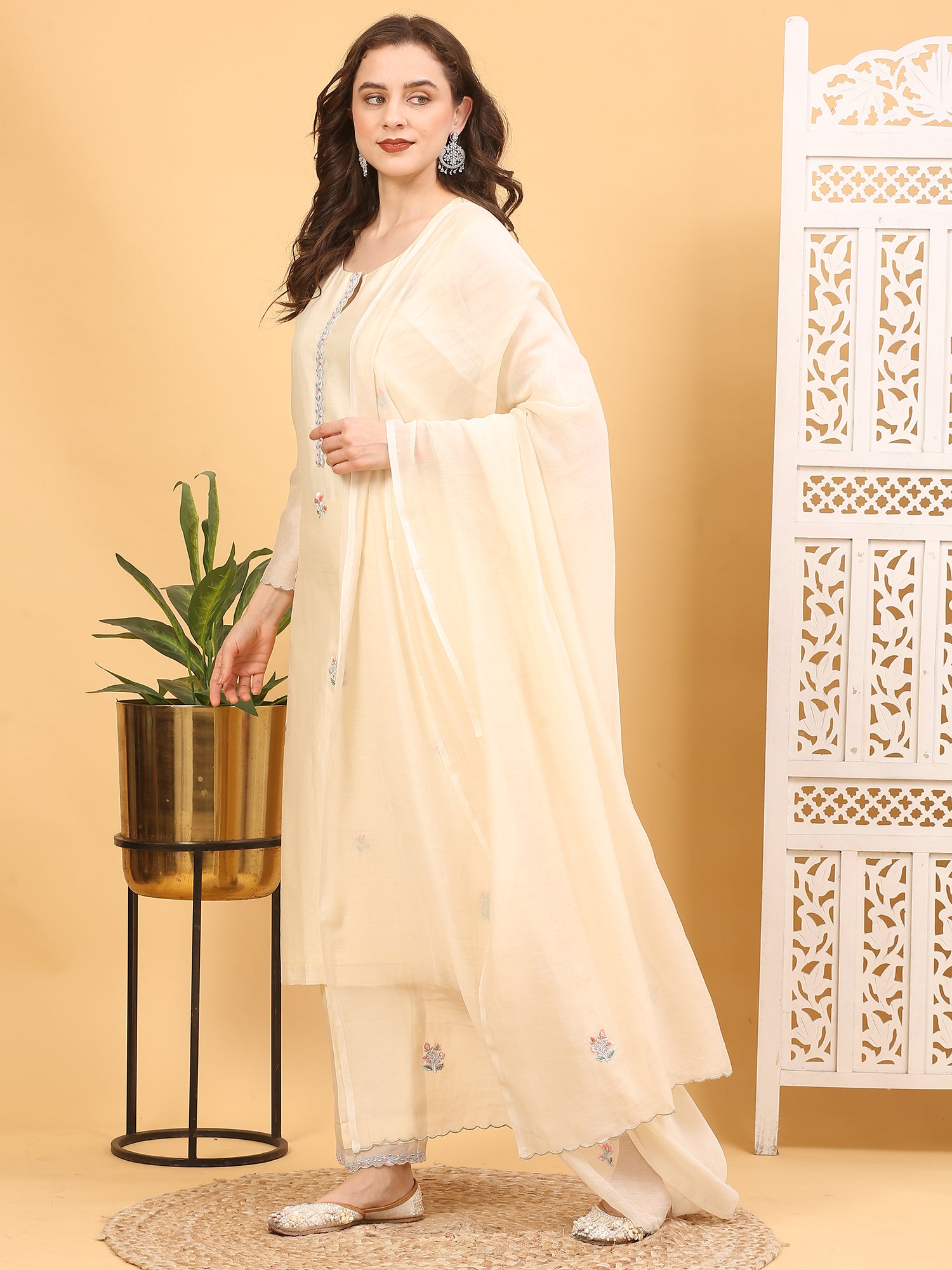 Cream Chanderi Silk Stitched Suit