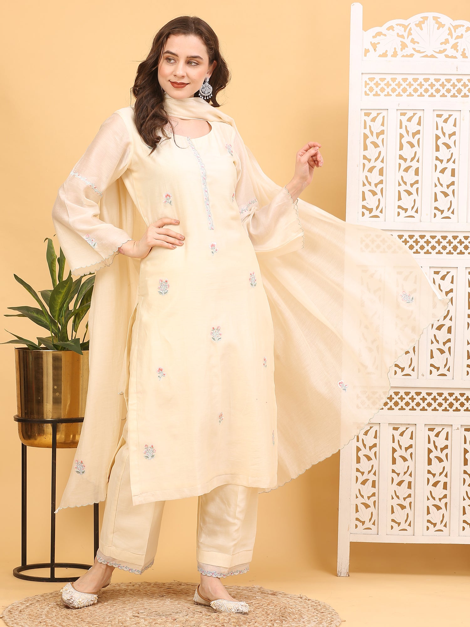 Cream Chanderi Silk Stitched Suit