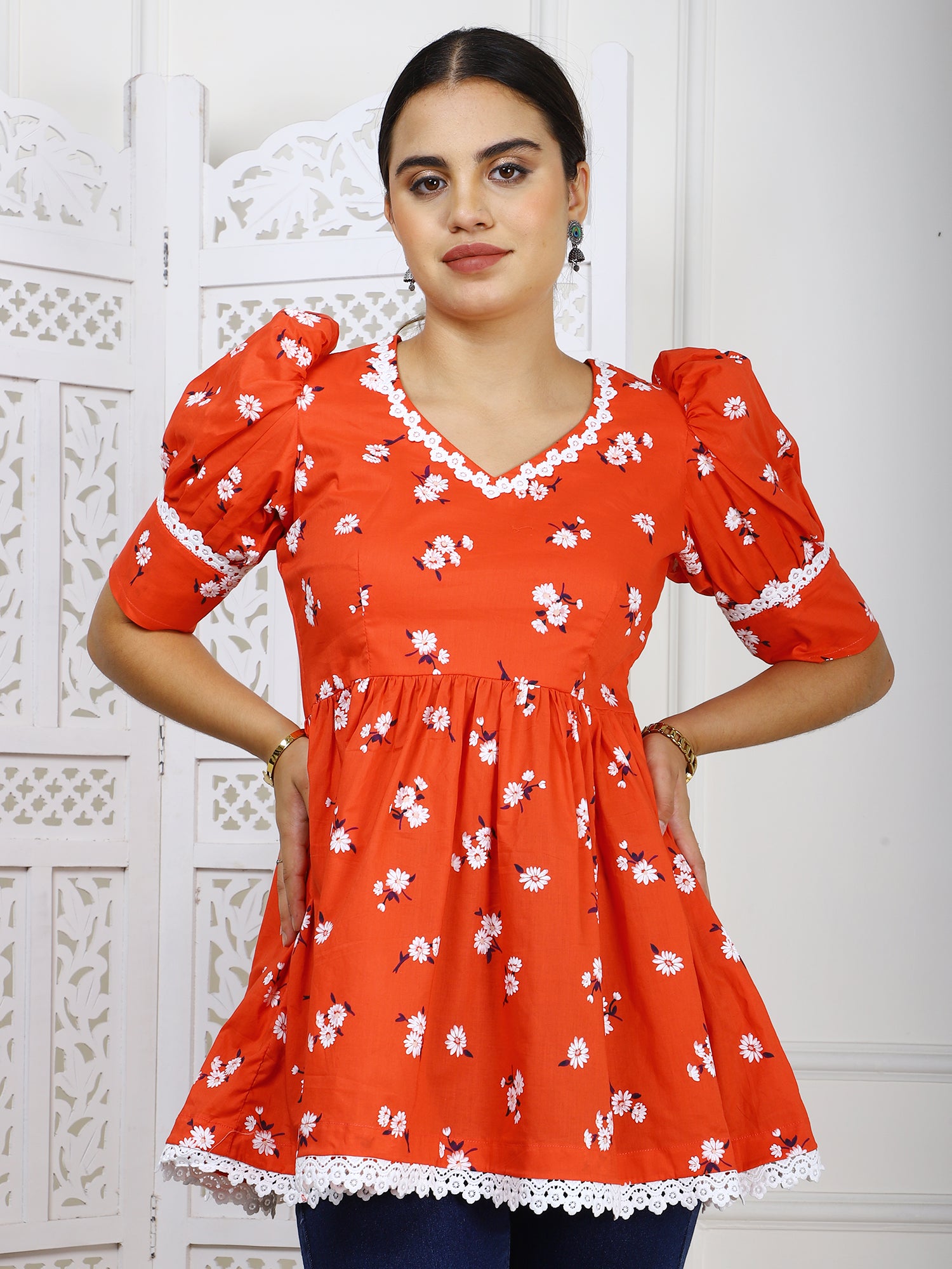 Red Floral Cotton Peplum Top