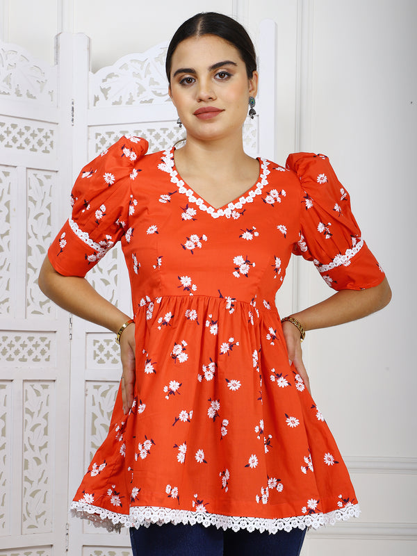 Red Floral Cotton Peplum Top