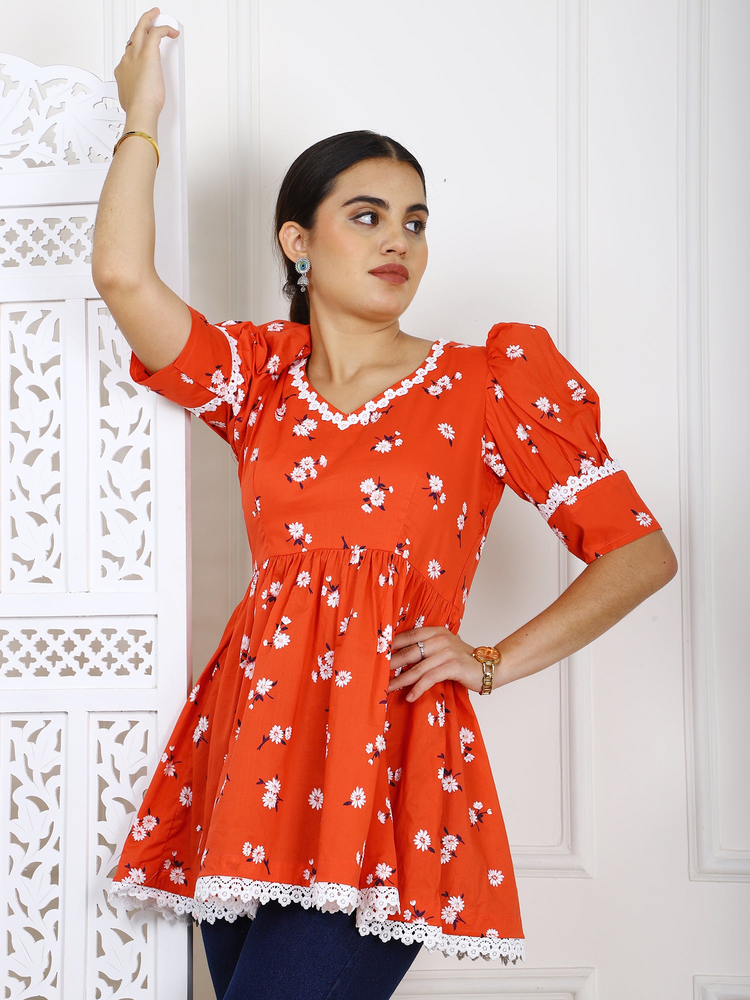 Red Floral Cotton Peplum Top