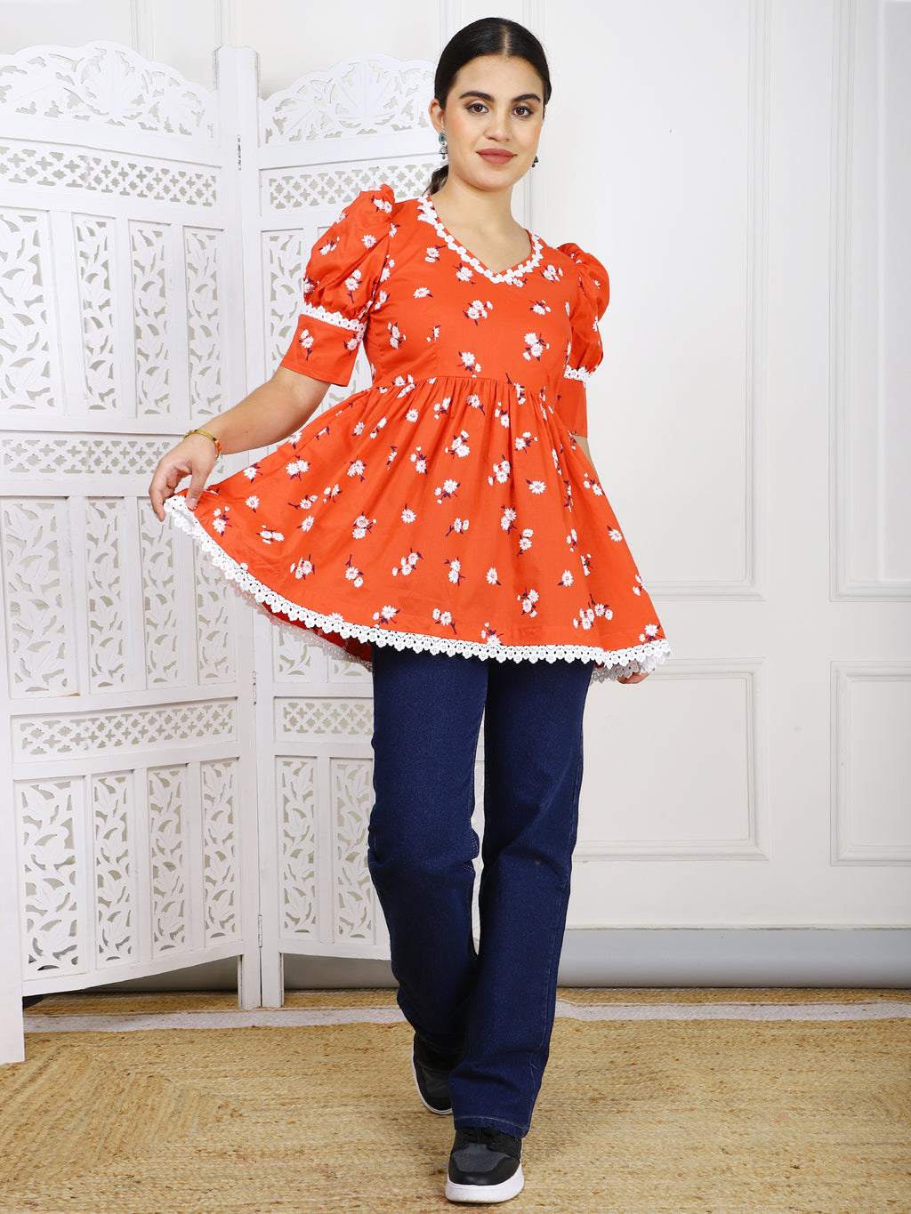 Red Floral Cotton Peplum Top