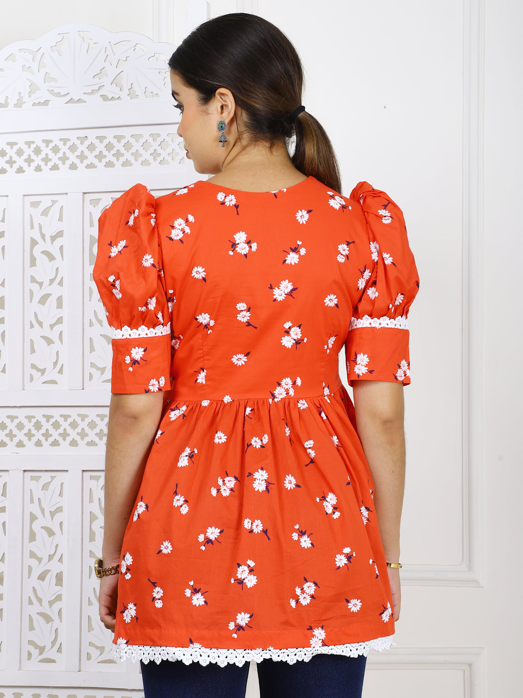 Red Floral Cotton Peplum Top