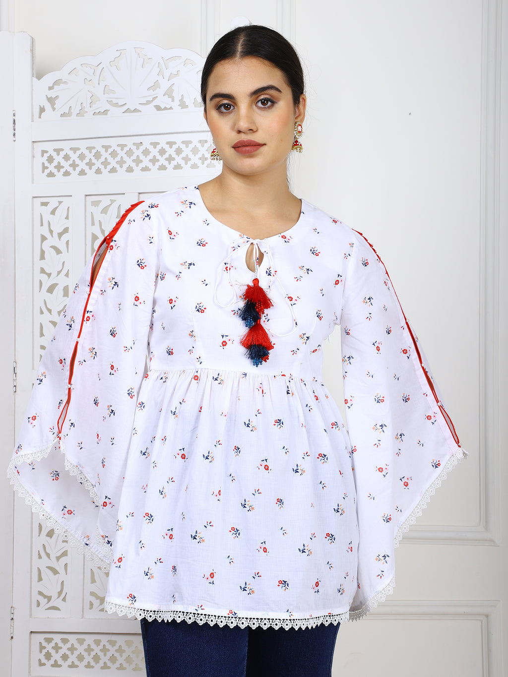 White Cotton Printed Flared Top with Tassels