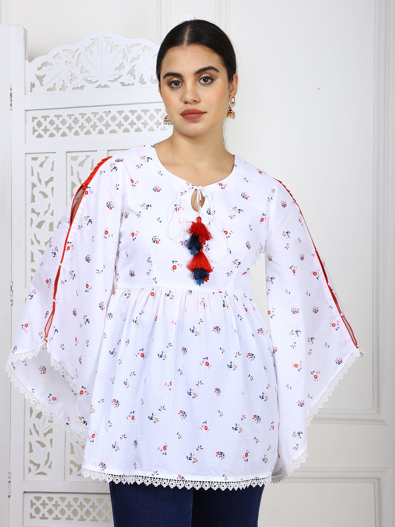 White Cotton Printed Flared Top with Tassels