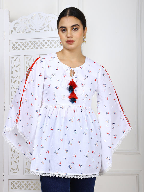 White Cotton Printed Flared Top with Tassels