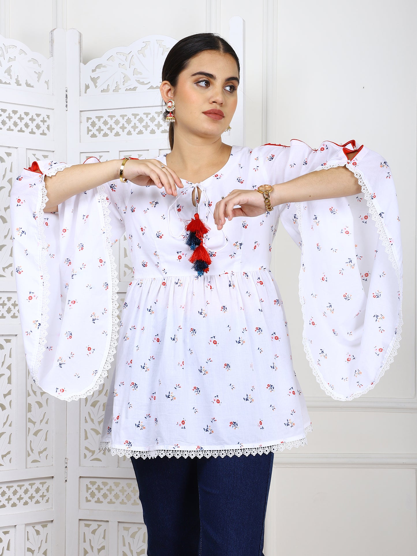 White Cotton Printed Flared Top with Tassels