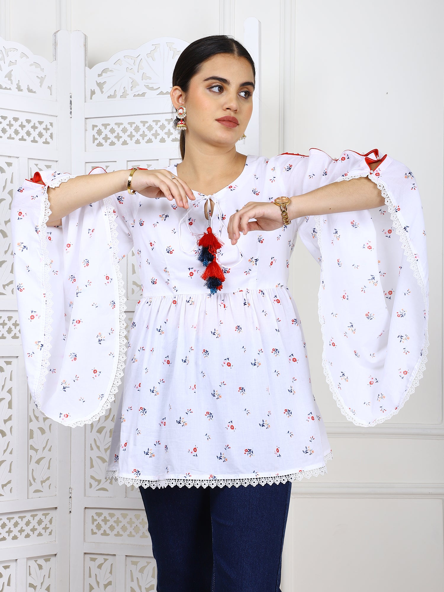 White Cotton Printed Flared Top with Tassels