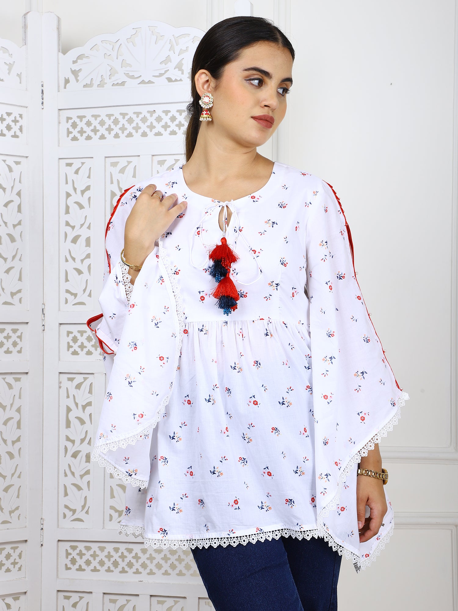 White Cotton Printed Flared Top with Tassels