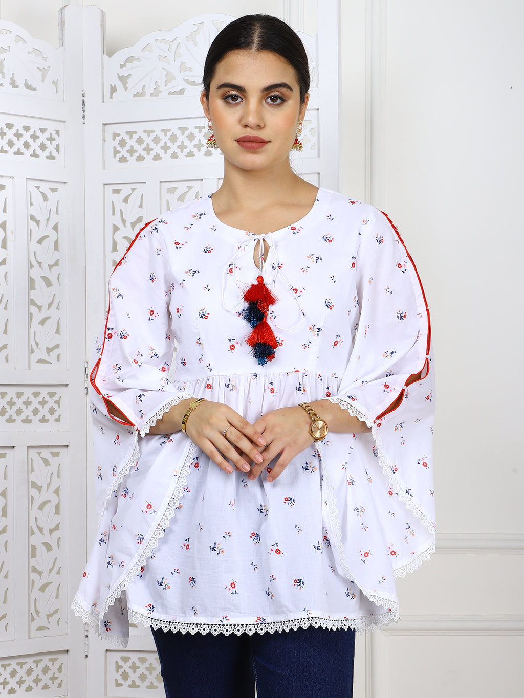 White Cotton Printed Flared Top with Tassels