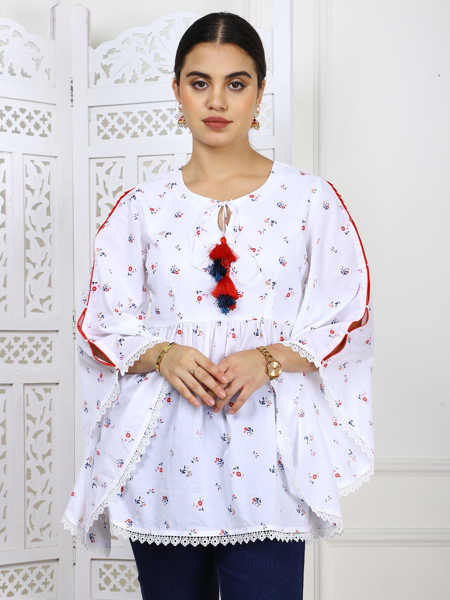 White Cotton Printed Flared Top with Tassels