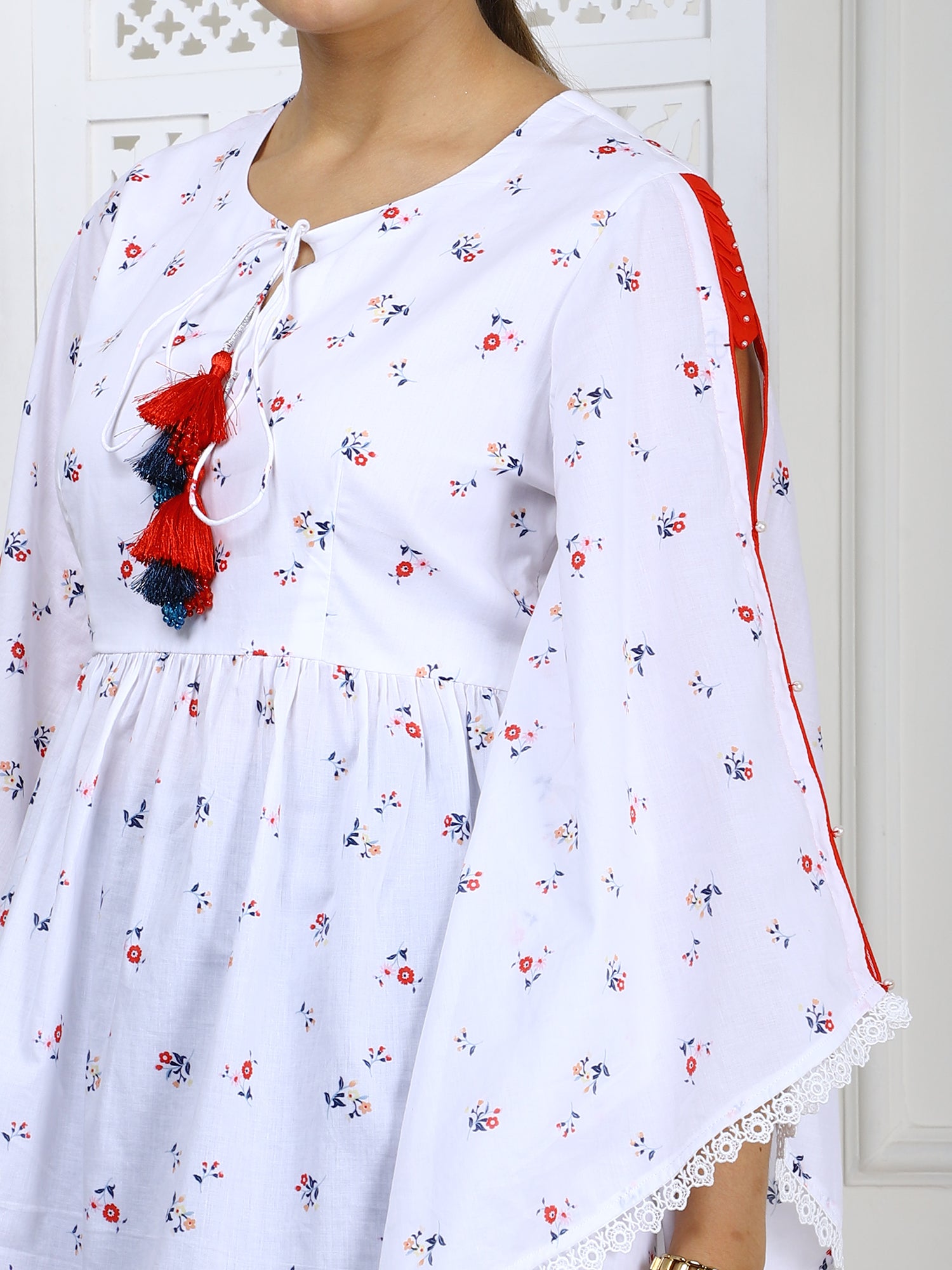 White Cotton Printed Flared Top with Tassels