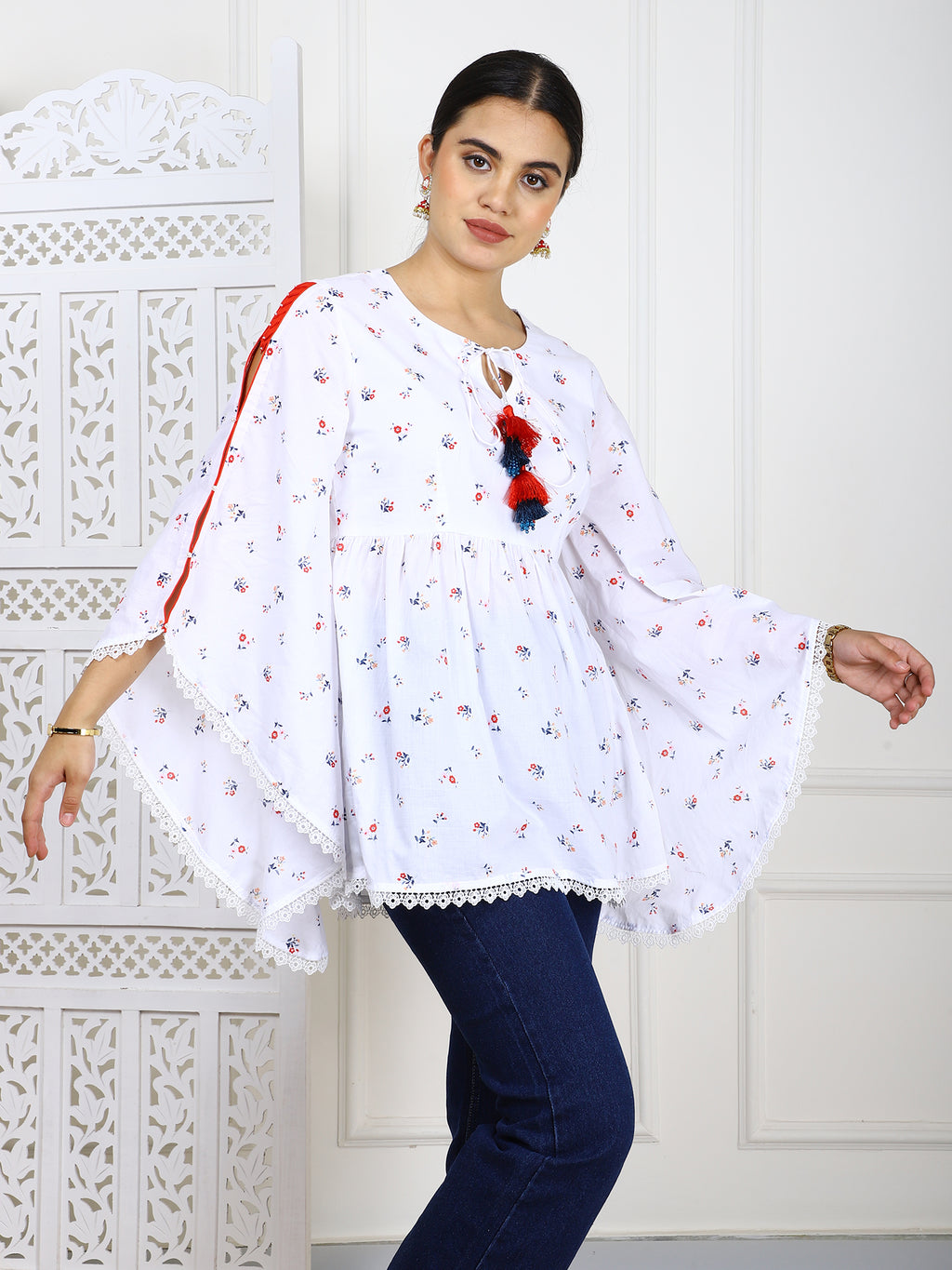 White Cotton Printed Flared Top with Tassels