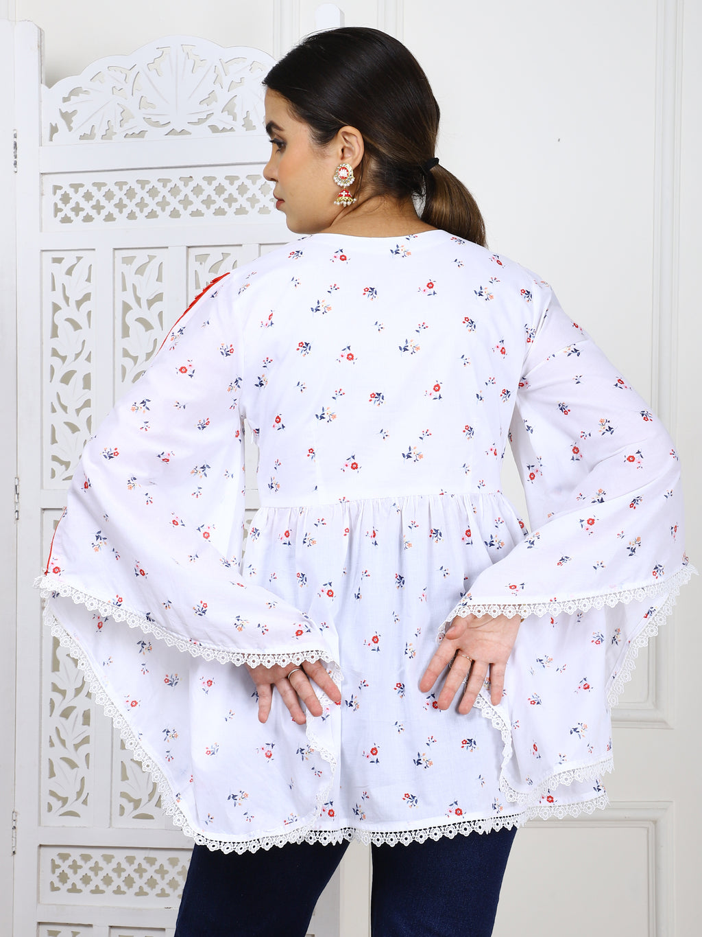 White Cotton Printed Flared Top with Tassels