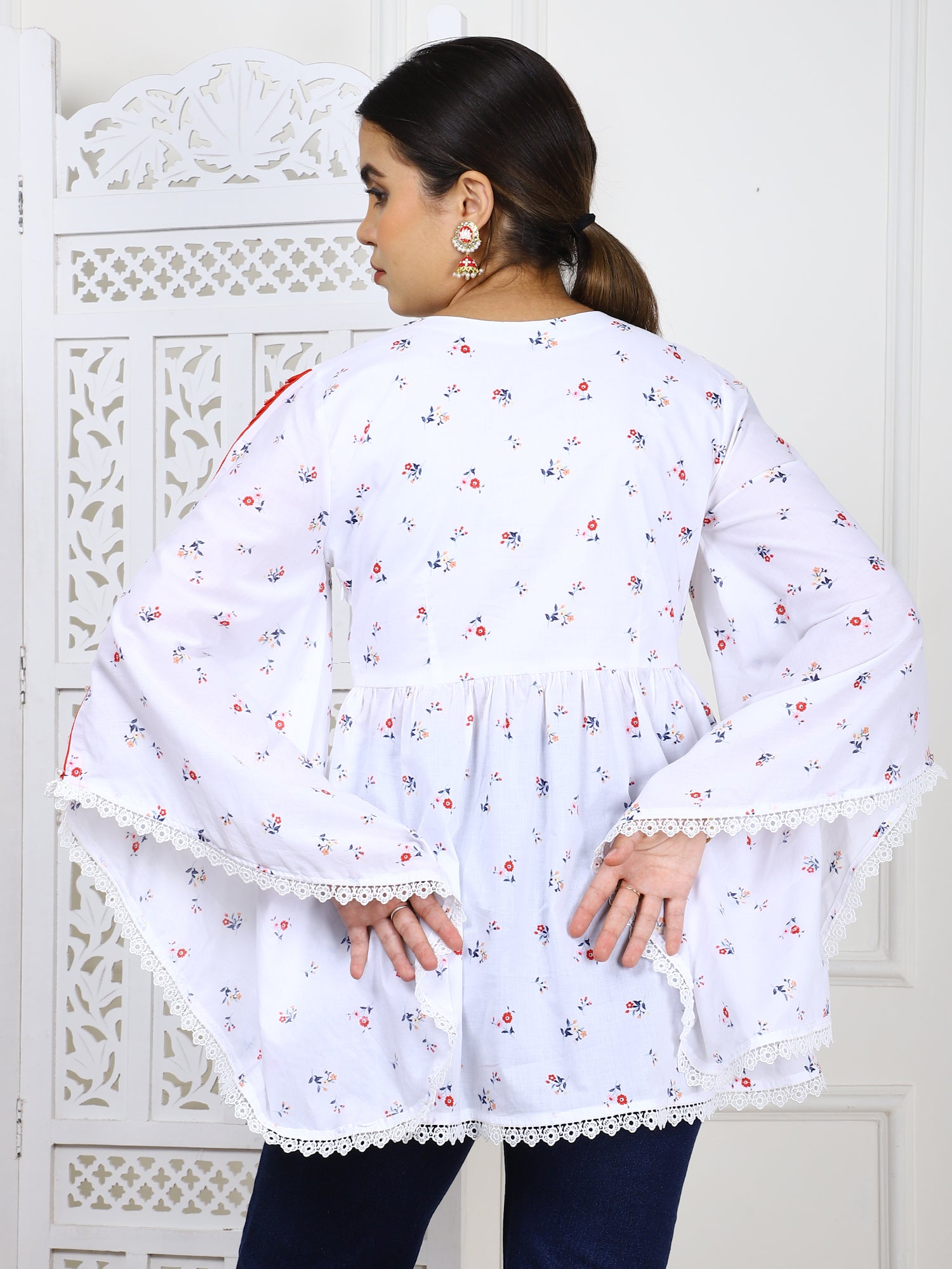 White Cotton Printed Flared Top with Tassels