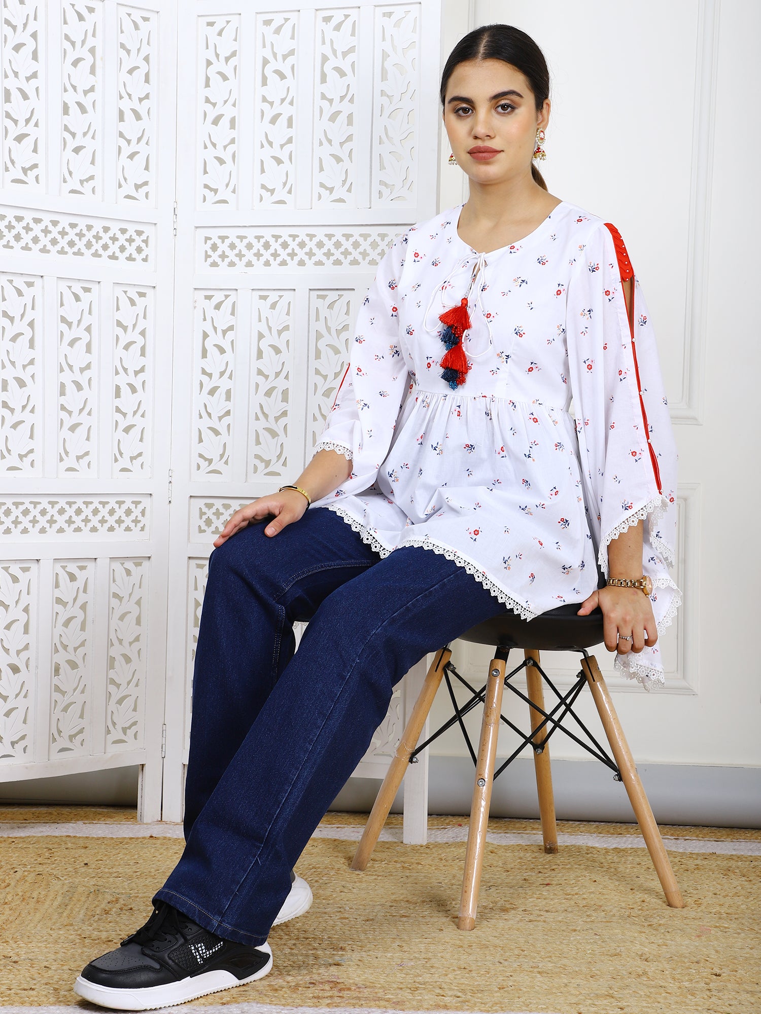 White Cotton Printed Flared Top with Tassels