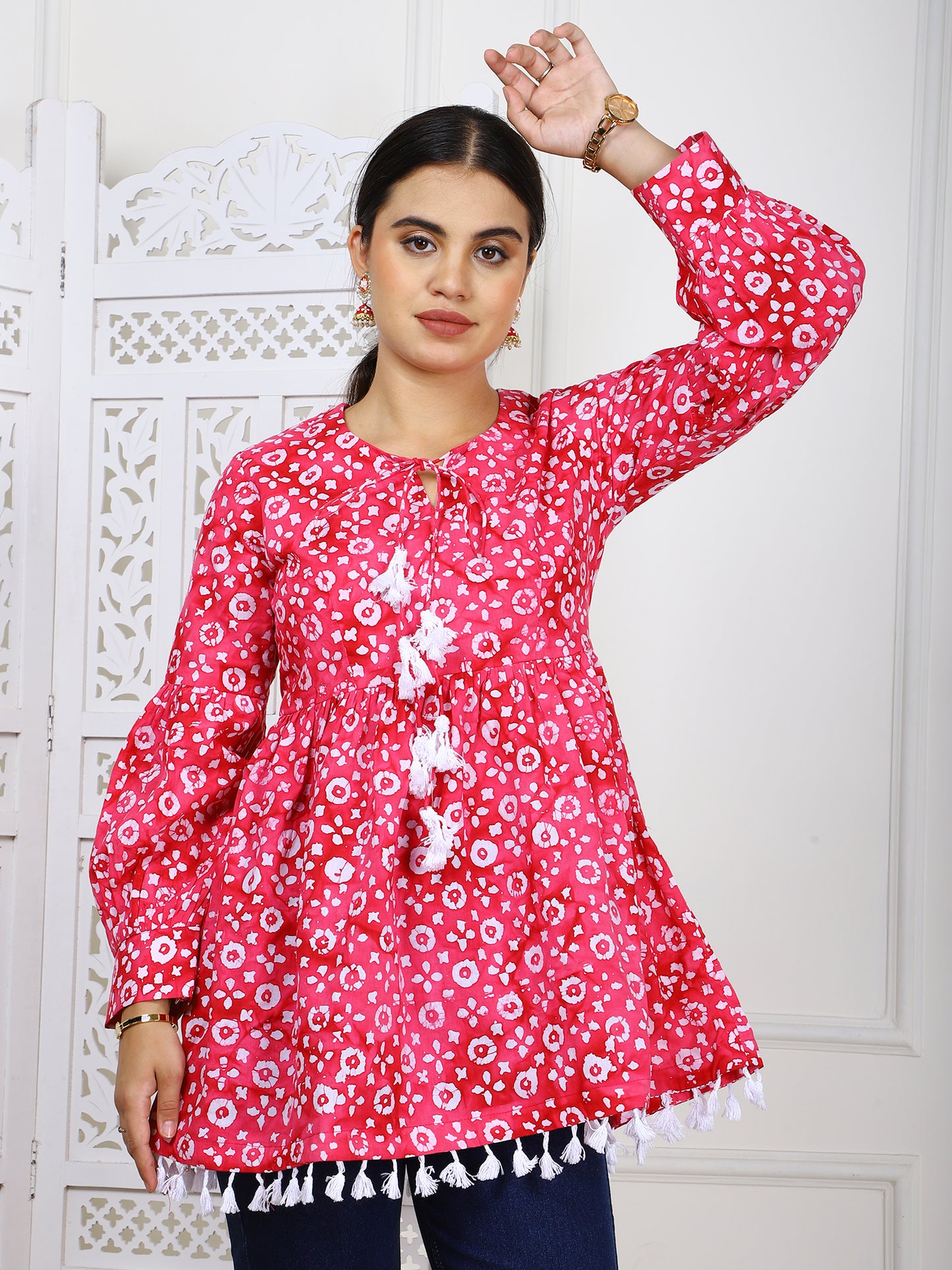 Pink Bandhej Print Cotton Tunic - Ethnic Casual Wear with Tassel Lace Trim