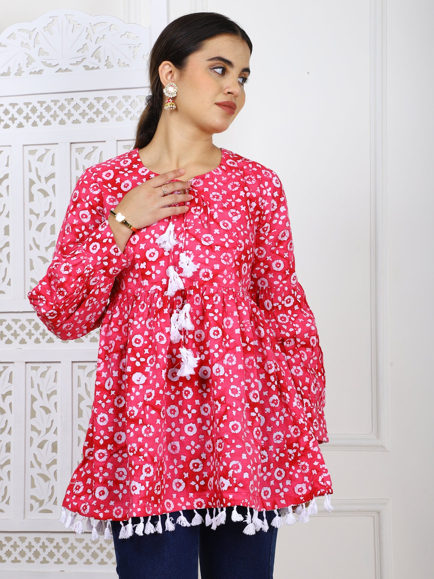 Pink Bandhej Print Cotton Tunic - Ethnic Casual Wear with Tassel Lace Trim
