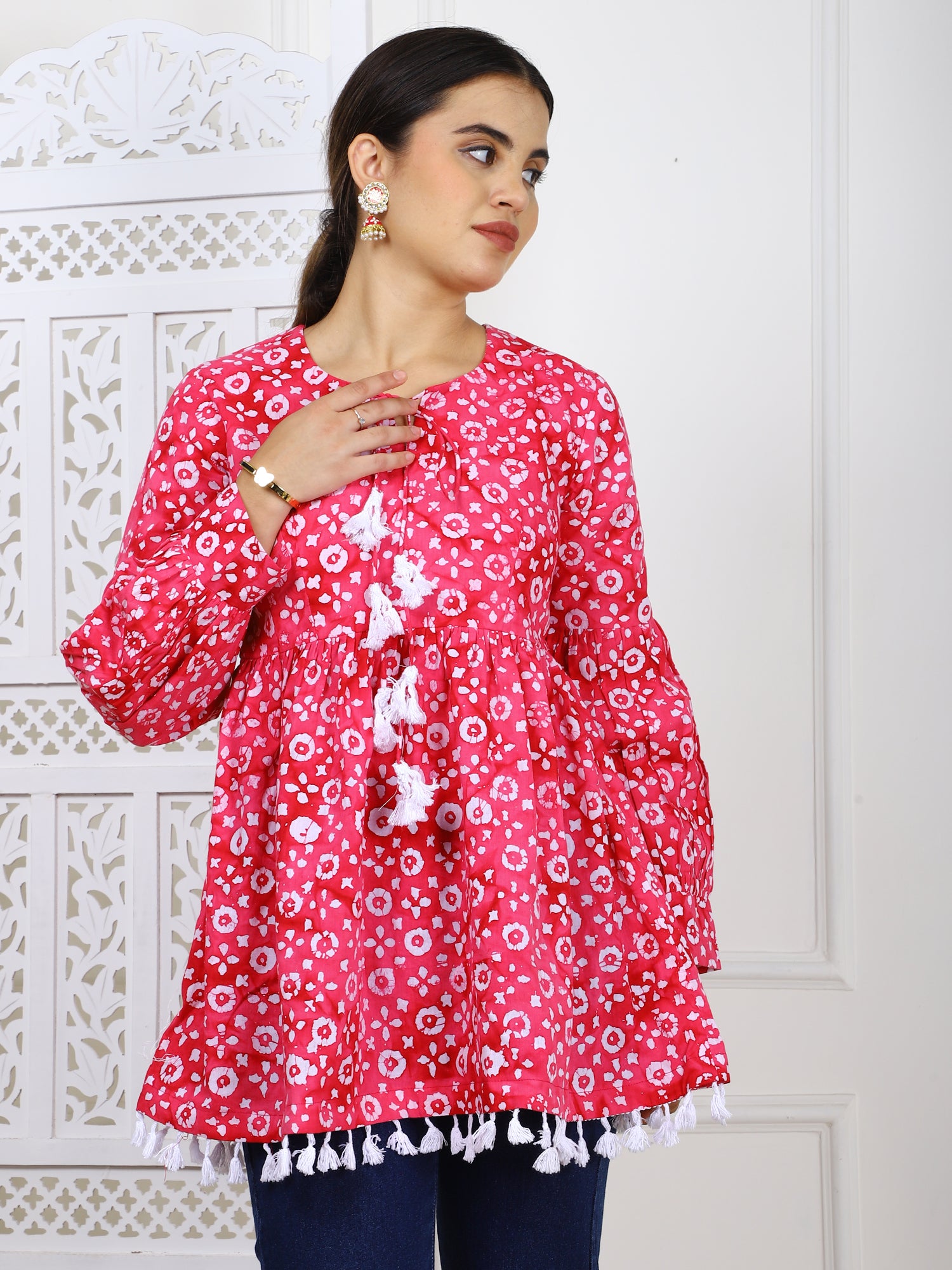 Pink Bandhej Print Cotton Tunic with Tassels