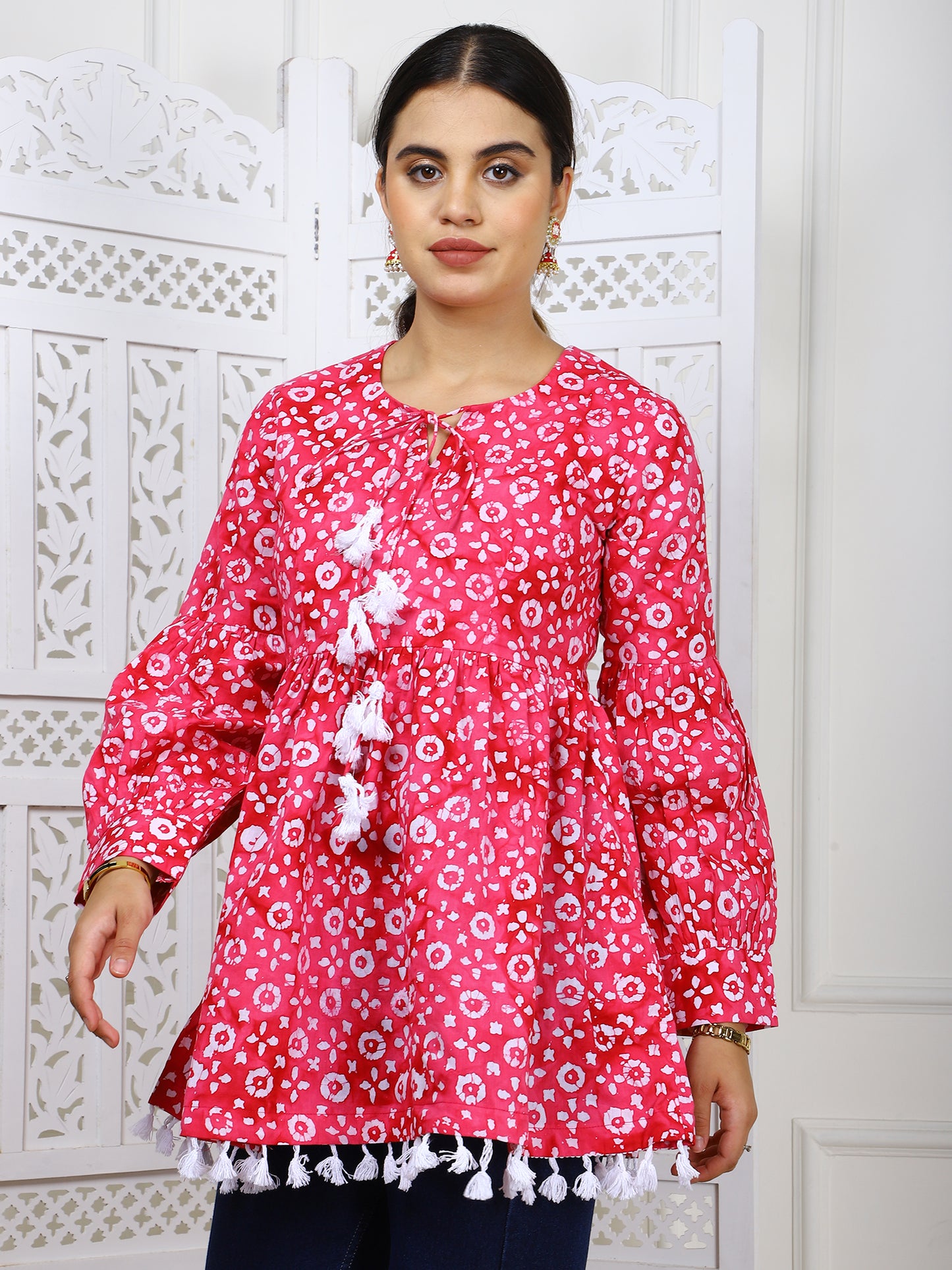 Pink Bandhej Print Cotton Tunic - Ethnic Casual Wear with Tassel Lace Trim
