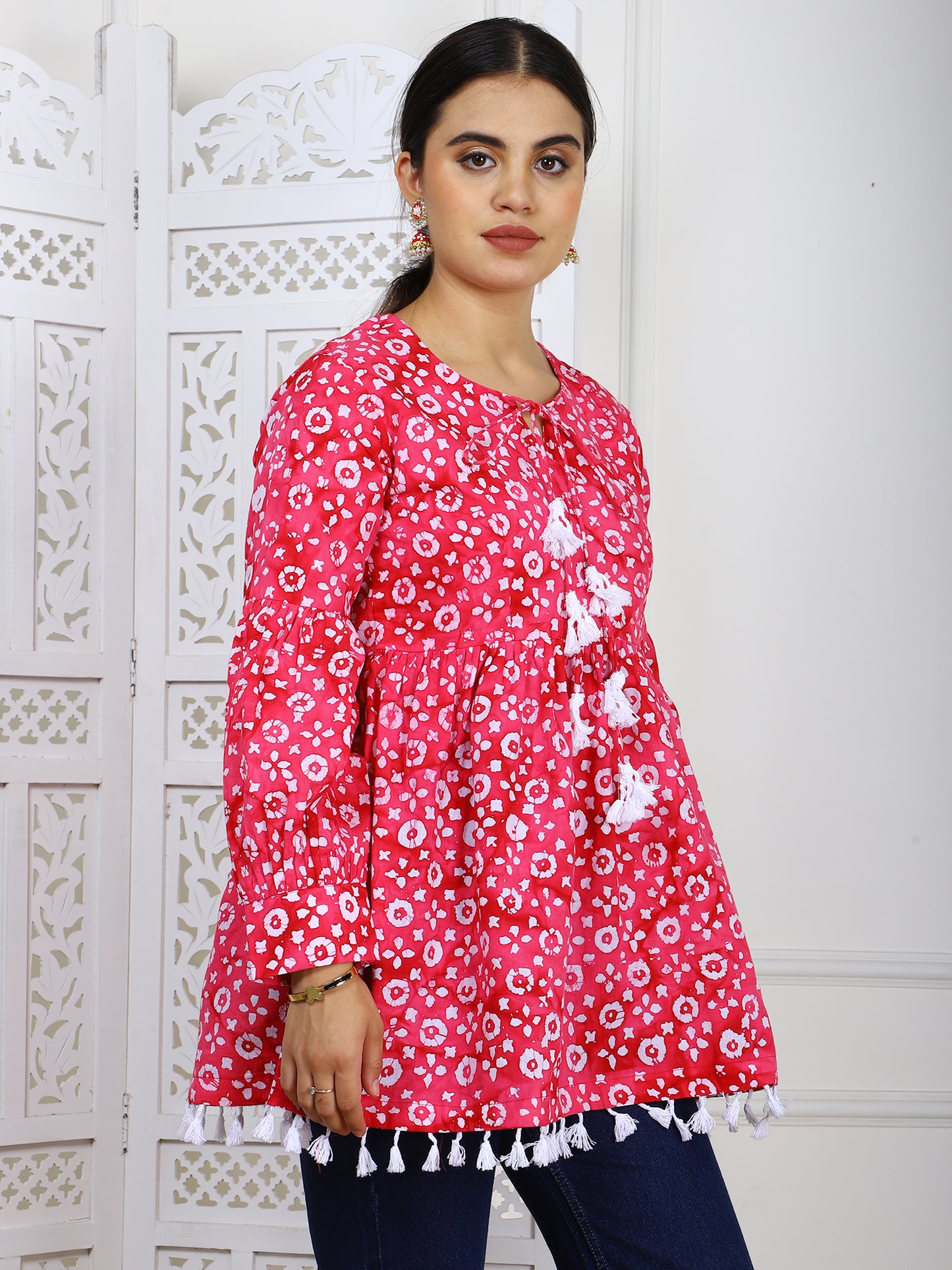 Pink Bandhej Print Cotton Tunic - Ethnic Casual Wear with Tassel Lace Trim