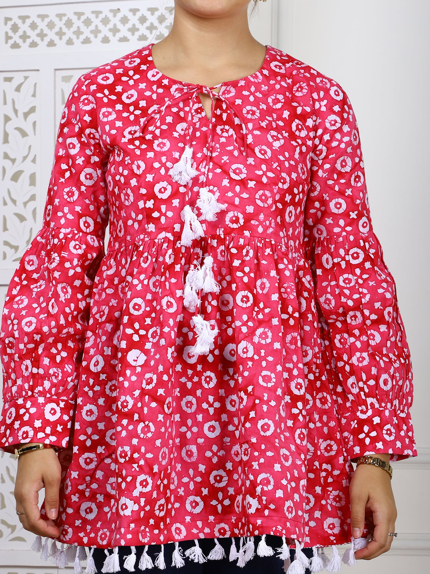 Pink Bandhej Print Cotton Tunic - Ethnic Casual Wear with Tassel Lace Trim