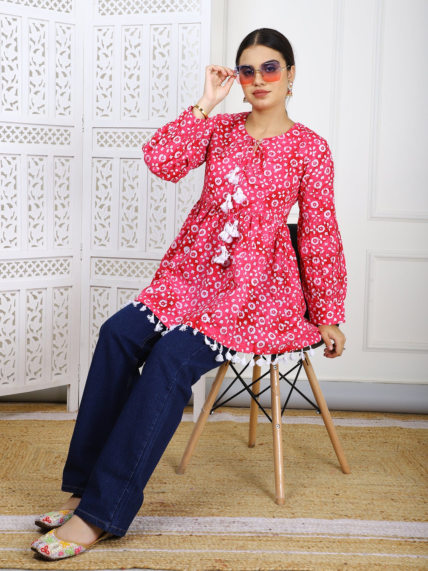 Pink Bandhej Print Cotton Tunic - Ethnic Casual Wear with Tassel Lace Trim