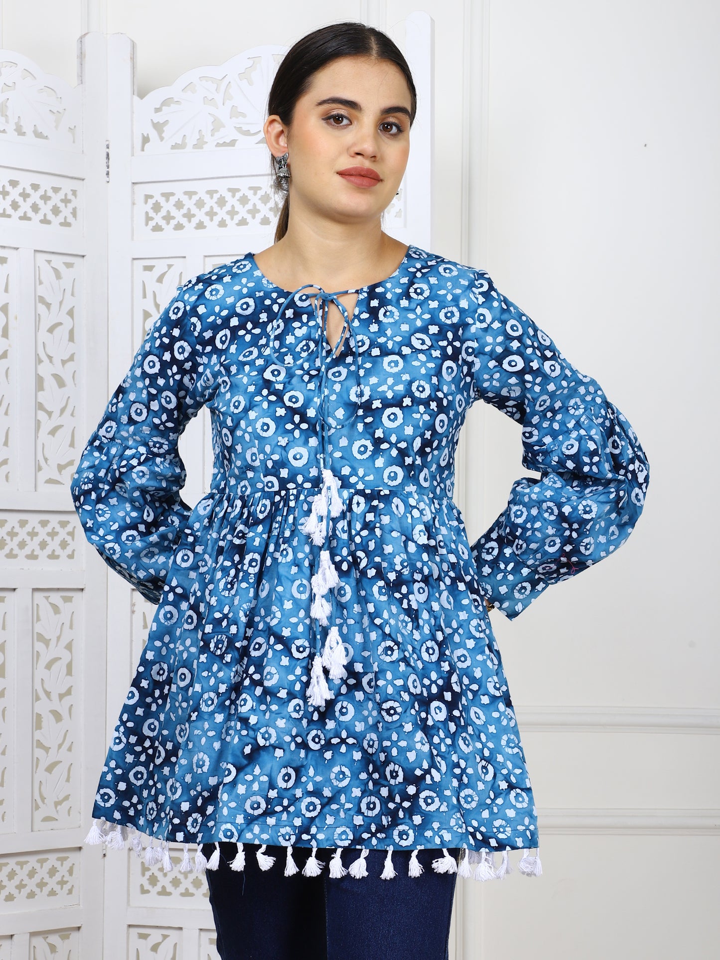Blue Bandhej Print Cotton Tunic - Traditional Ethnic Wear with Tassel Lace Trim