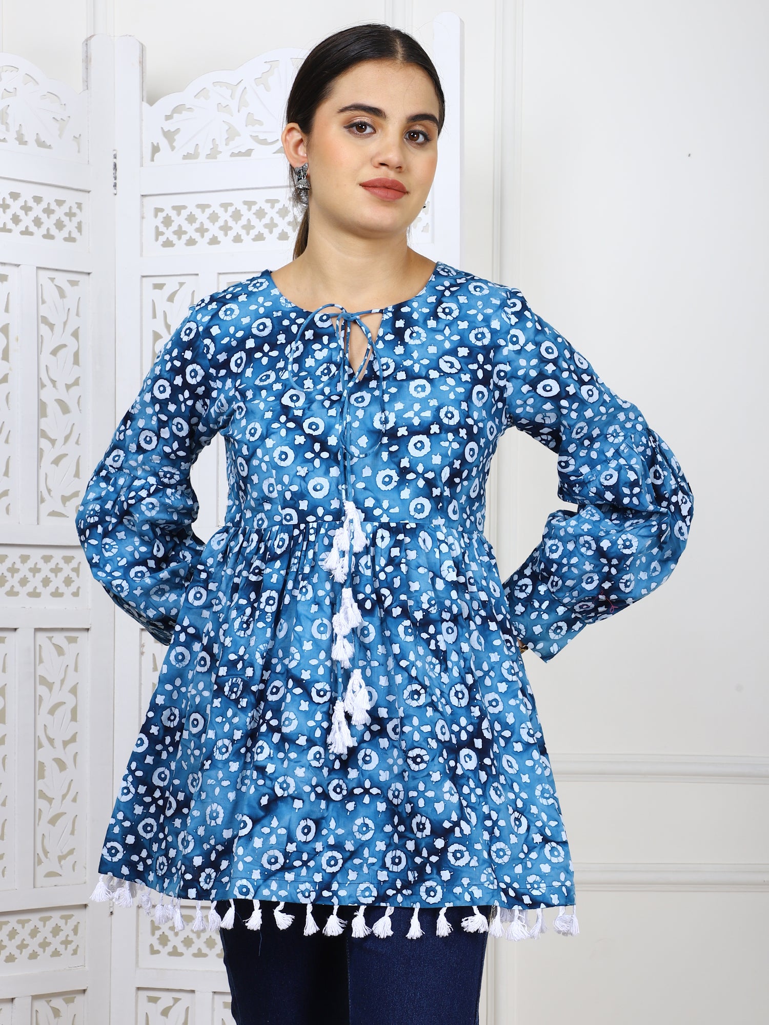 Blue Bandhej Print Cotton Tunic with Tassel Lace