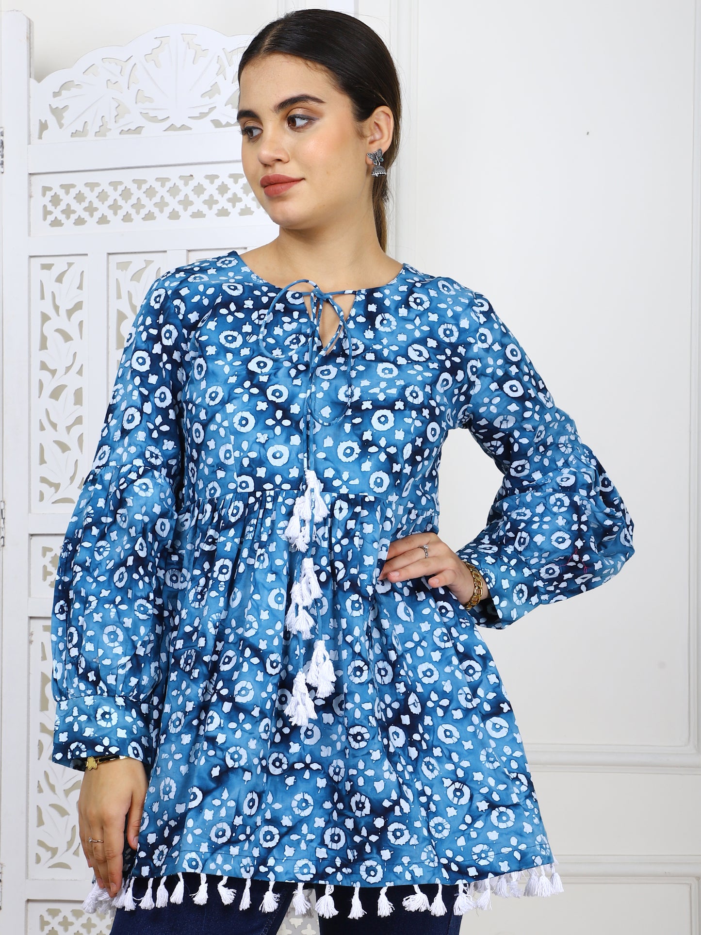 Blue Bandhej Print Cotton Tunic - Traditional Ethnic Wear with Tassel Lace Trim