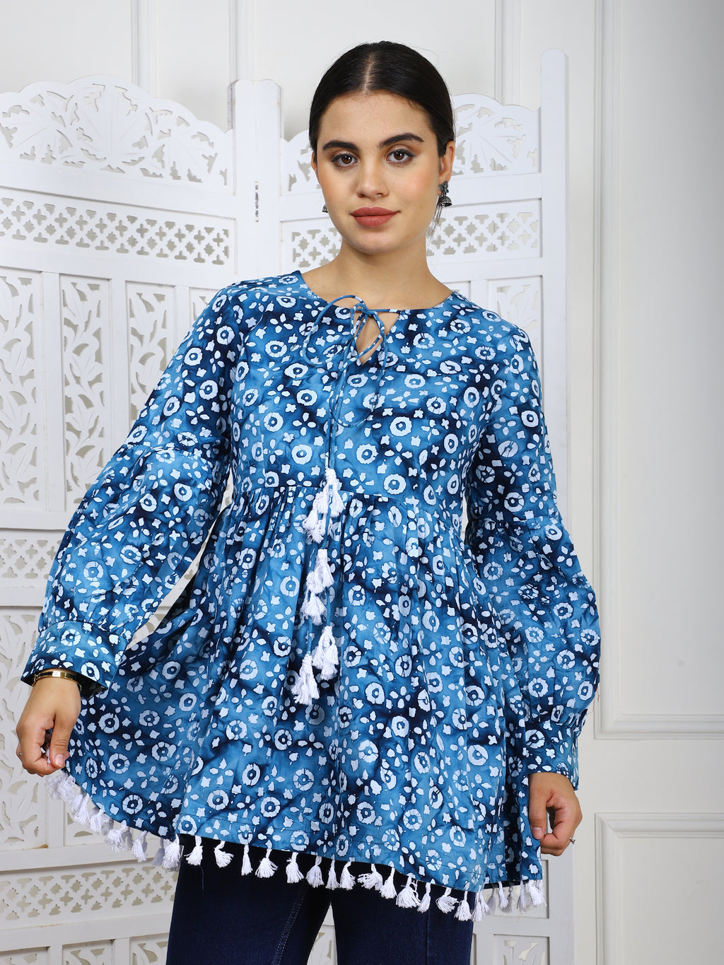 Blue Bandhej Print Cotton Tunic with Tassel Lace