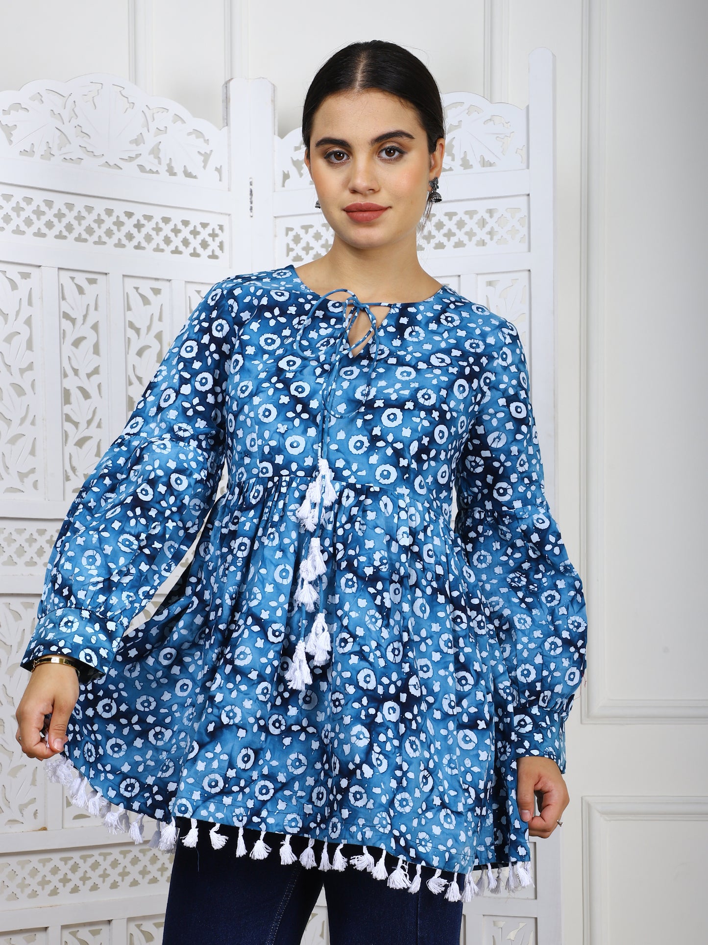 Blue Bandhej Print Cotton Tunic - Traditional Ethnic Wear with Tassel Lace Trim
