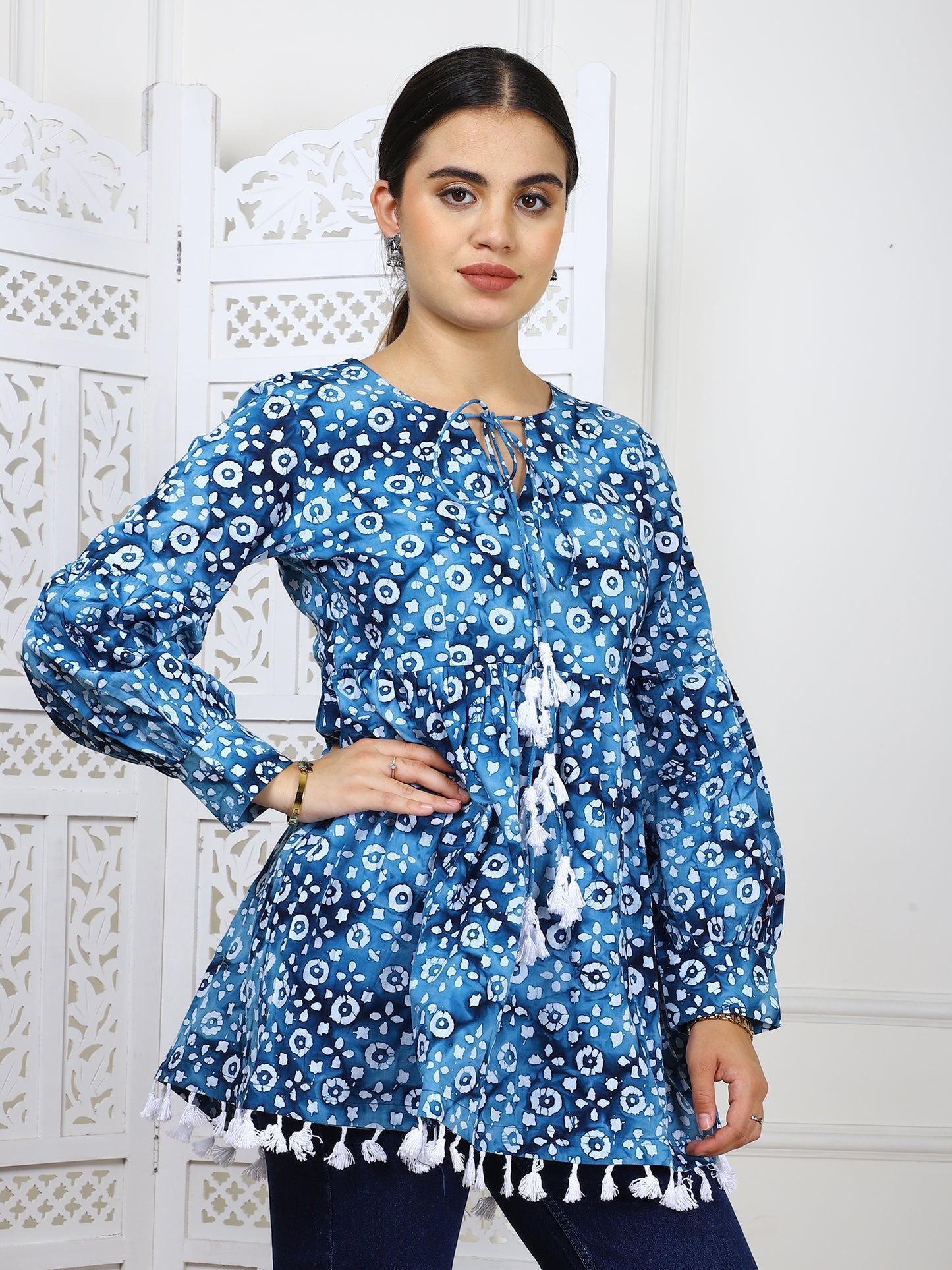 Blue Bandhej Print Cotton Tunic - Traditional Ethnic Wear with Tassel Lace Trim