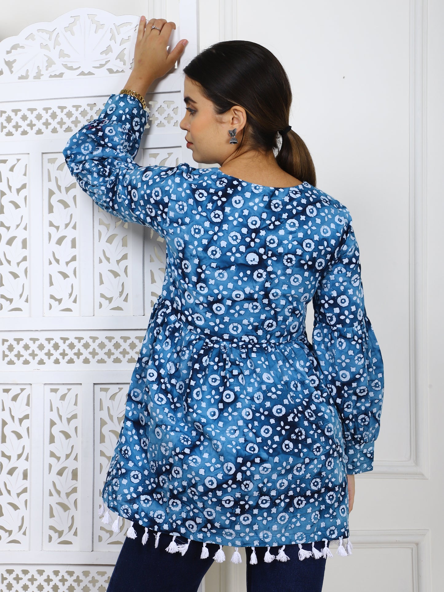 Blue Bandhej Print Cotton Tunic - Traditional Ethnic Wear with Tassel Lace Trim
