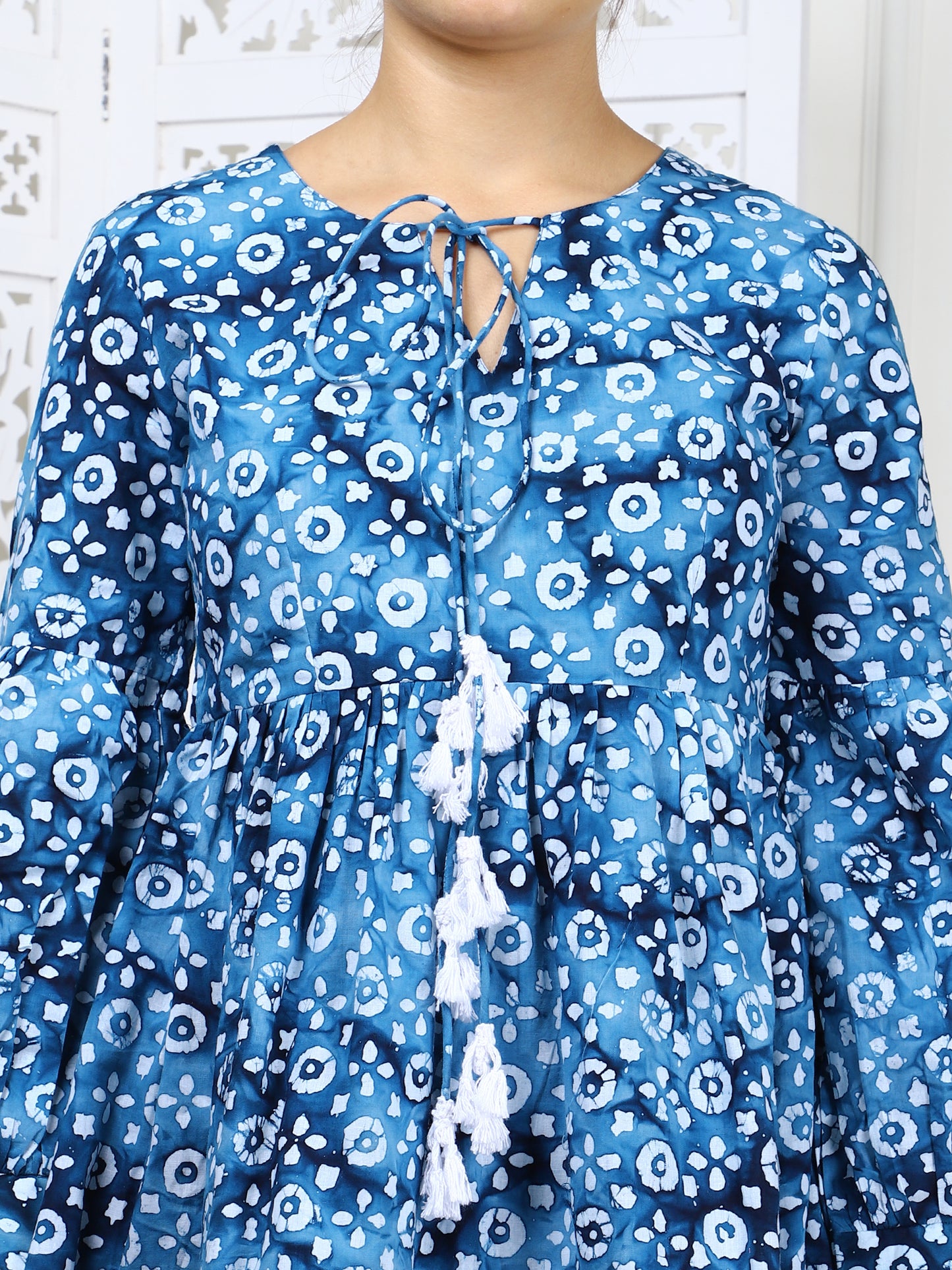 Blue Bandhej Print Cotton Tunic - Traditional Ethnic Wear with Tassel Lace Trim