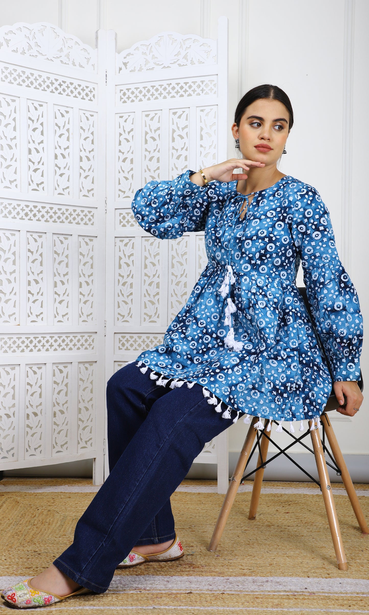 Blue Bandhej Print Cotton Tunic - Traditional Ethnic Wear with Tassel Lace Trim