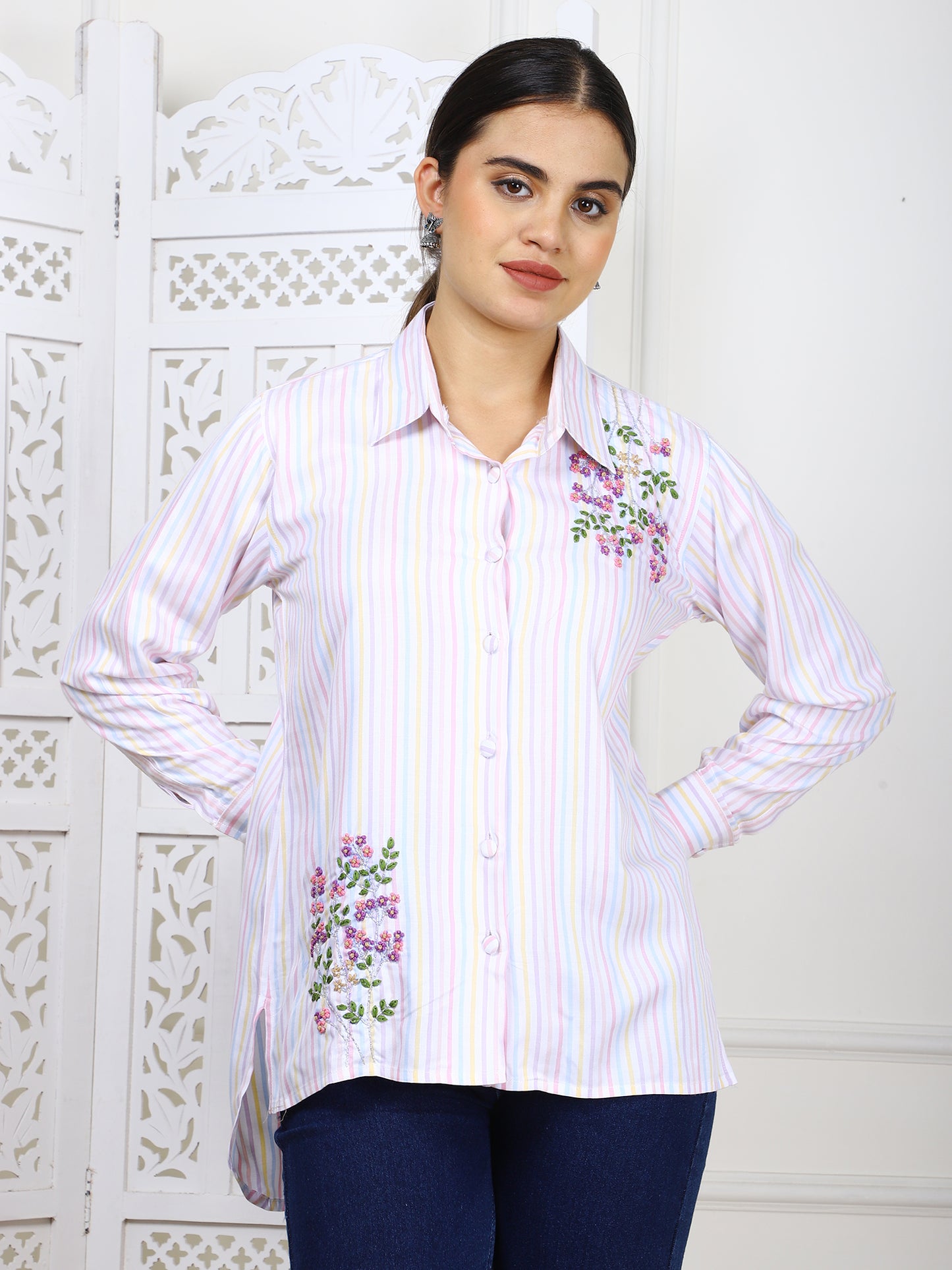 Striped Cotton Twill Hand-Embroidered Shirt