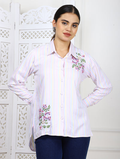 Striped Cotton Twill Hand-Embroidered Shirt