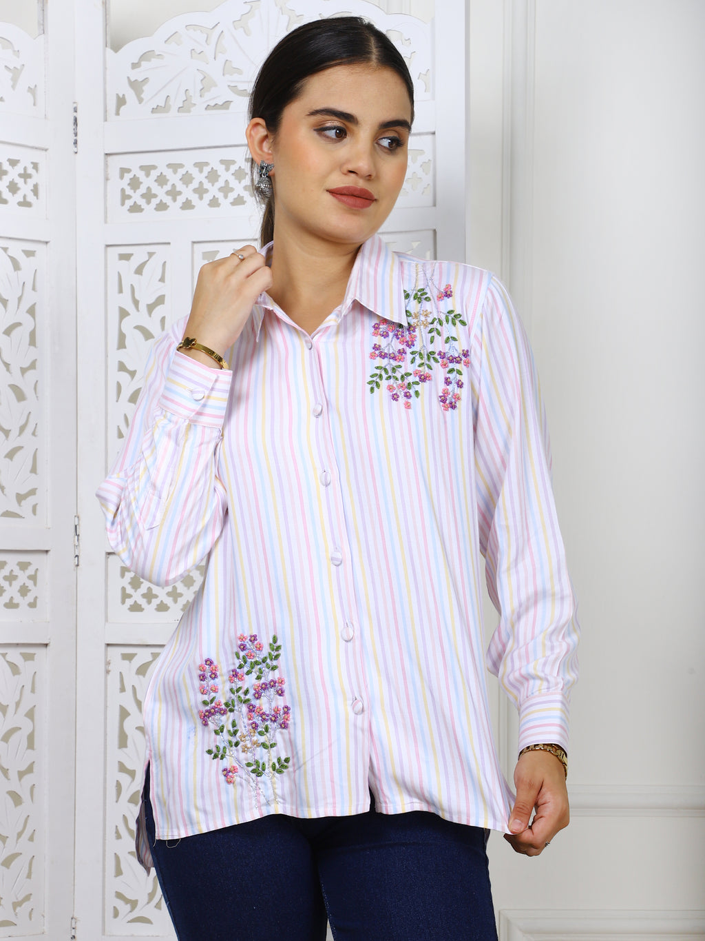 Striped Cotton Twill Hand-Embroidered Shirt