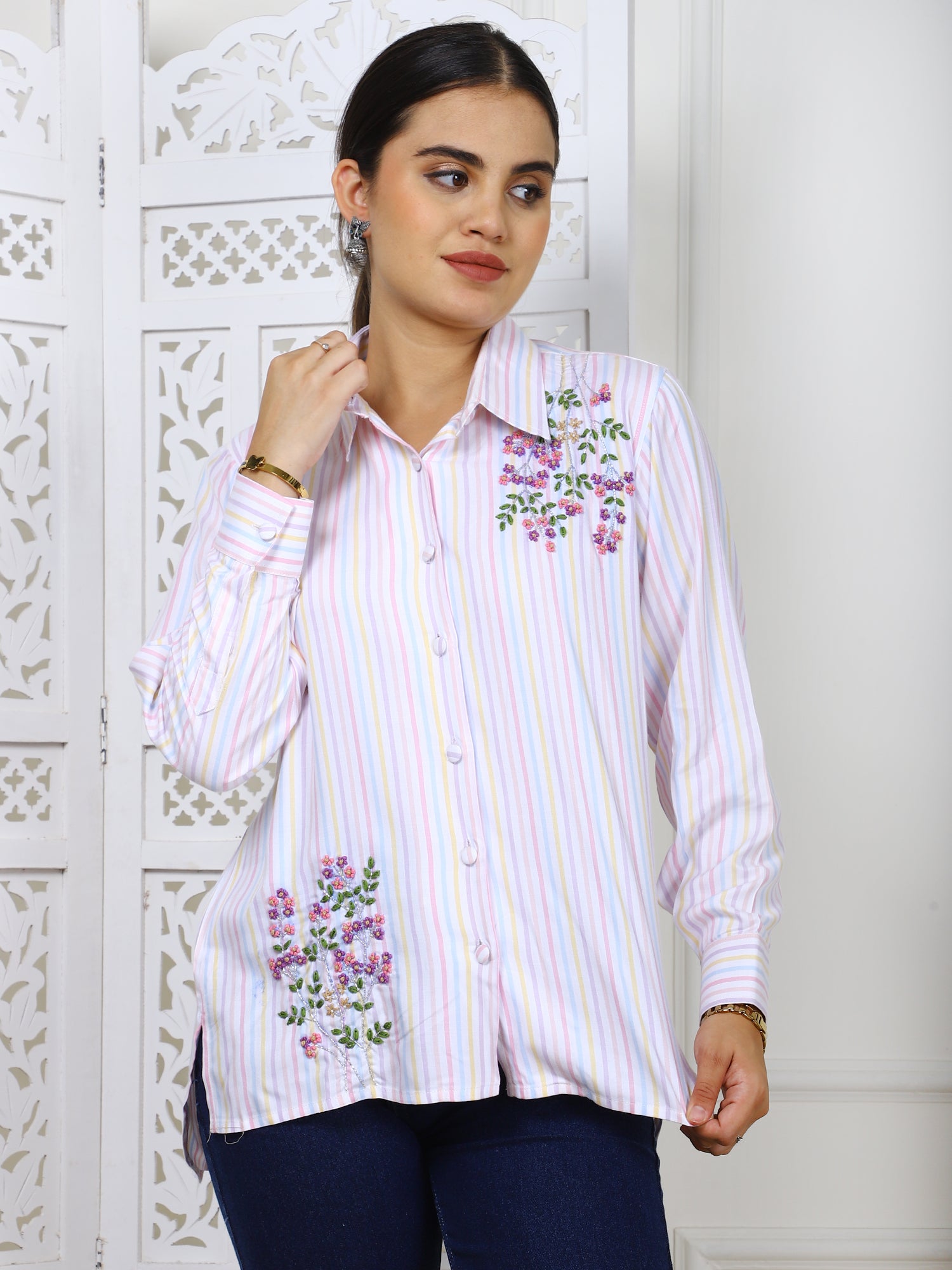 Striped Cotton Twill Hand-Embroidered Shirt