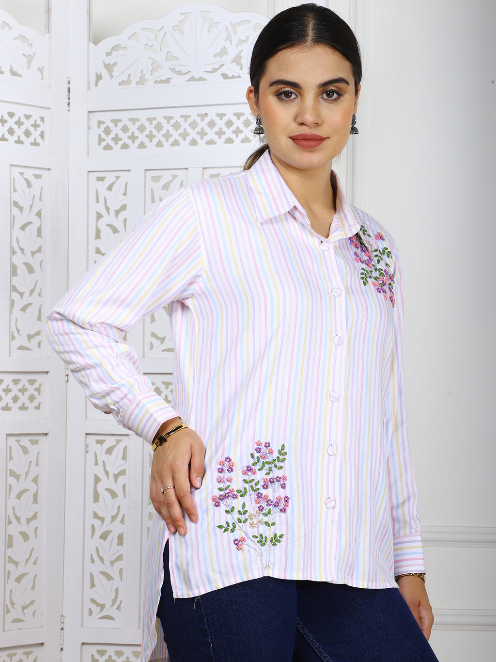 Striped Cotton Twill Hand-Embroidered Shirt