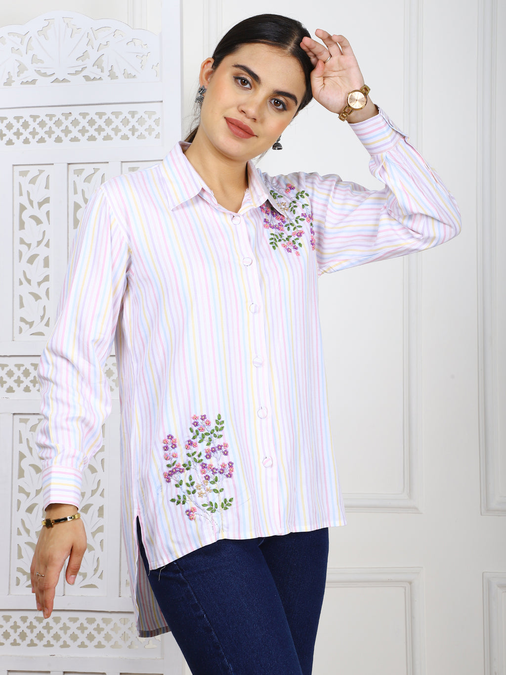 Striped Cotton Twill Hand-Embroidered Shirt