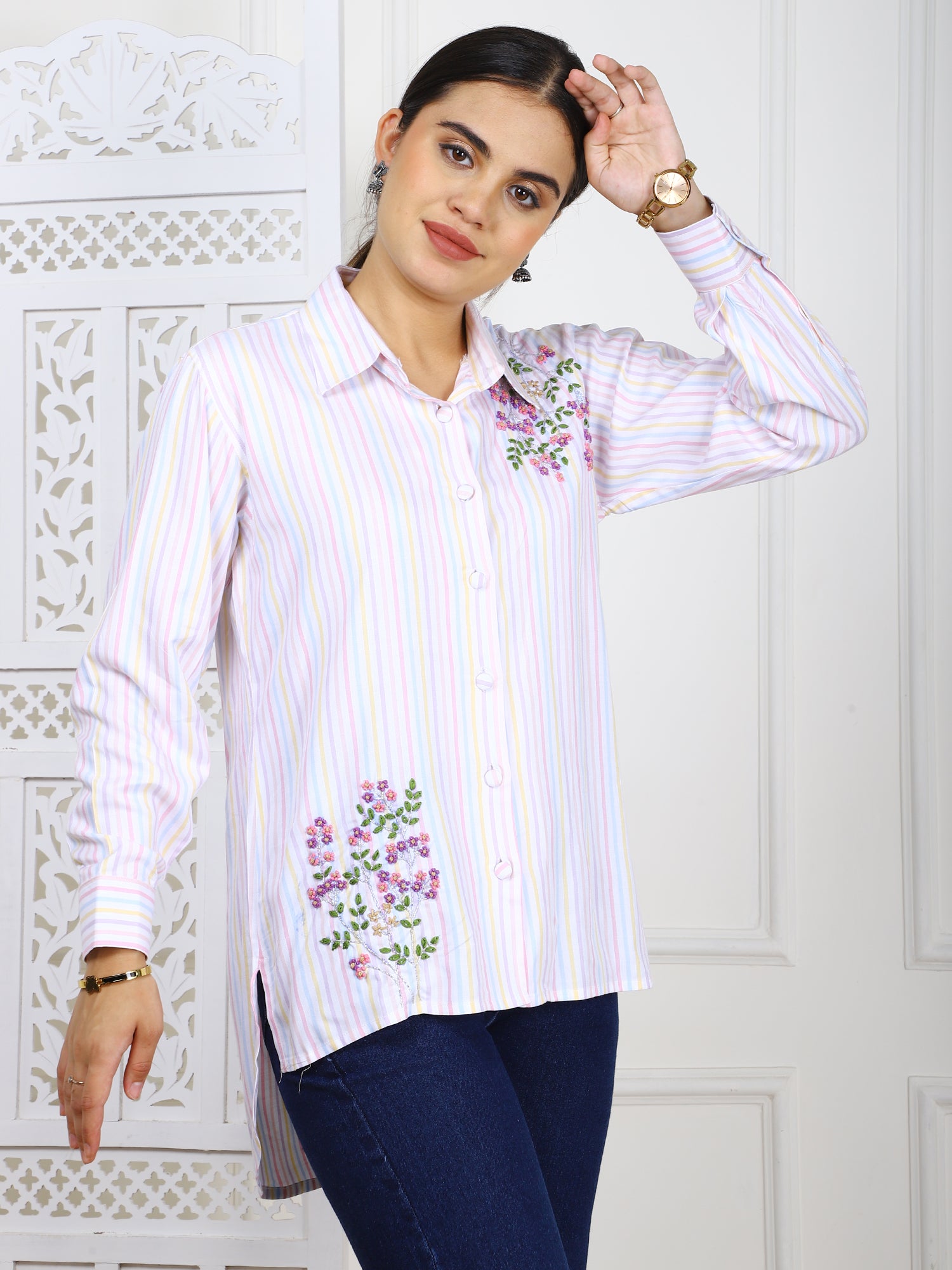 Striped Cotton Twill Hand-Embroidered Shirt