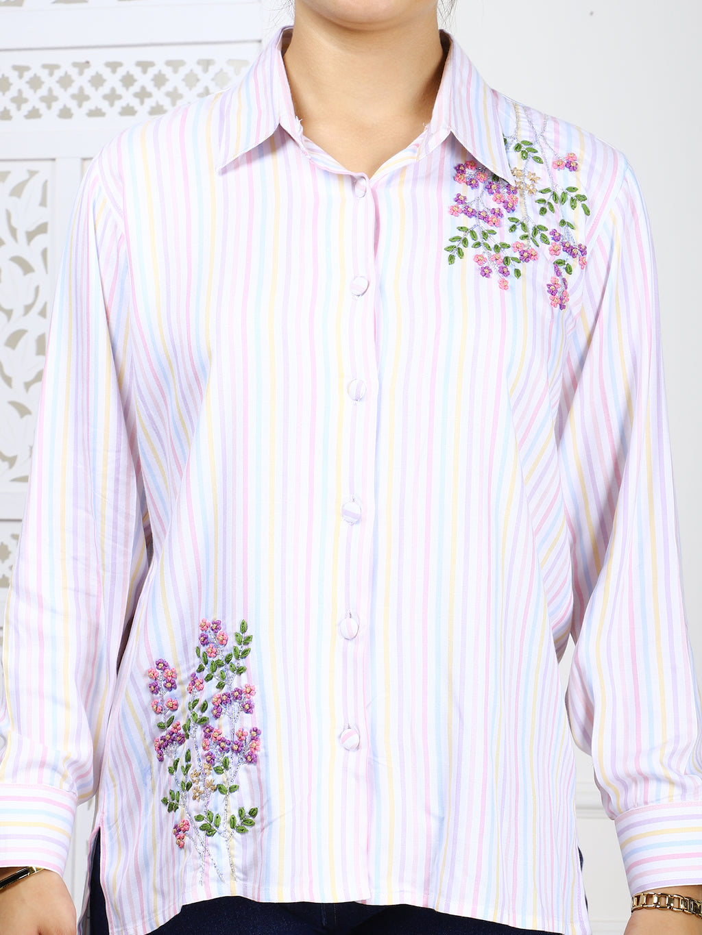 Striped Cotton Twill Hand-Embroidered Shirt