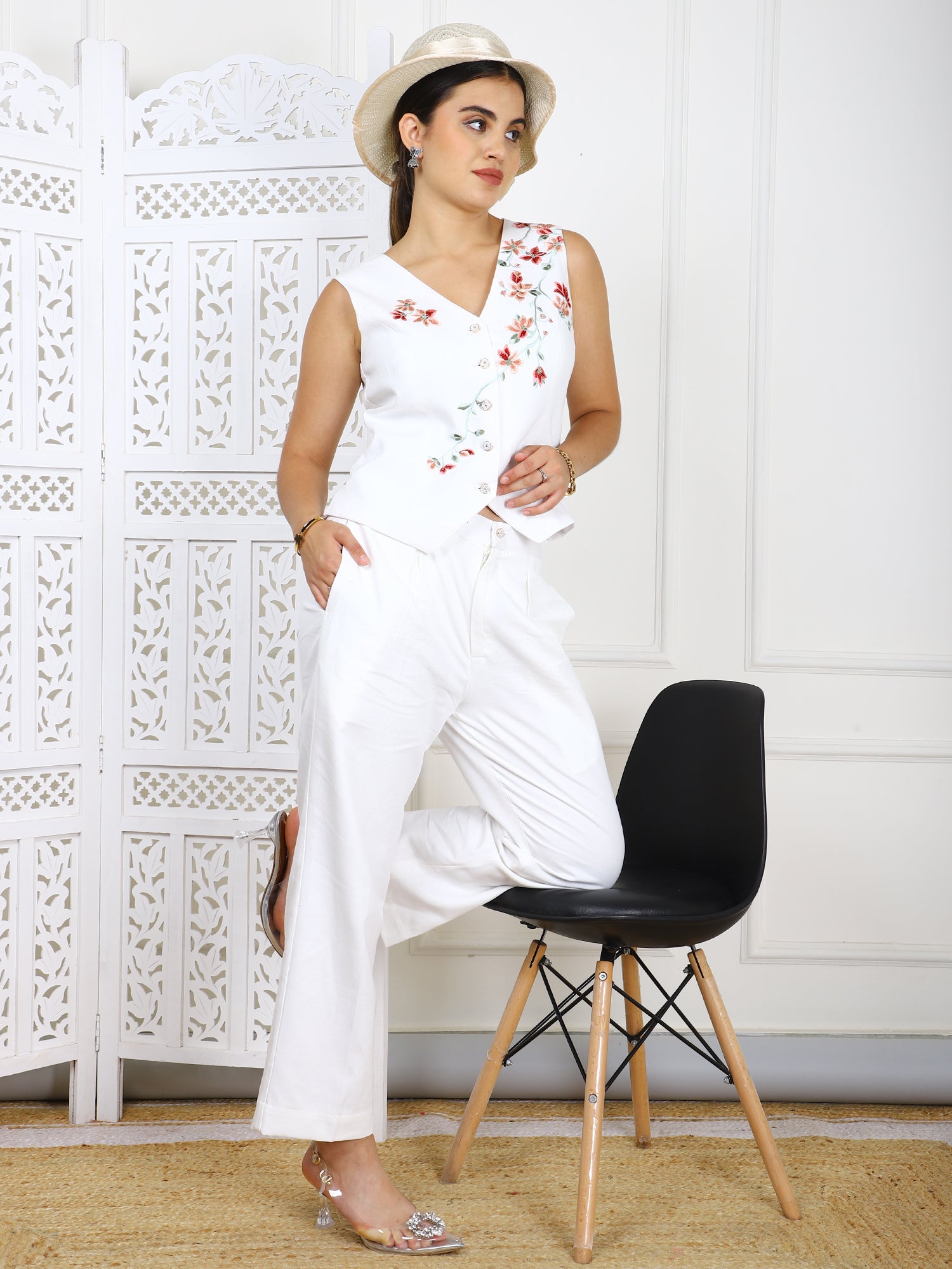2-Piece White will Cotton Hand-Embroidered Co-ord Set