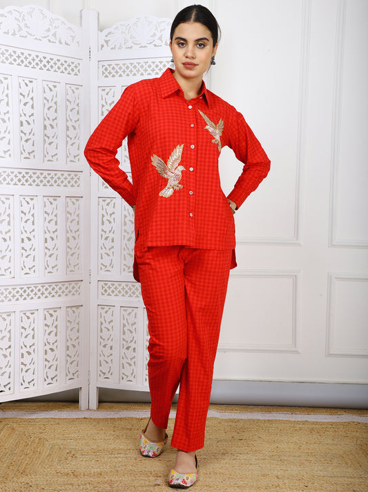 Red Cotton Hand-Embroidered Co-ord Set - 2-Piece Traditional Outfit with Bird Motifs