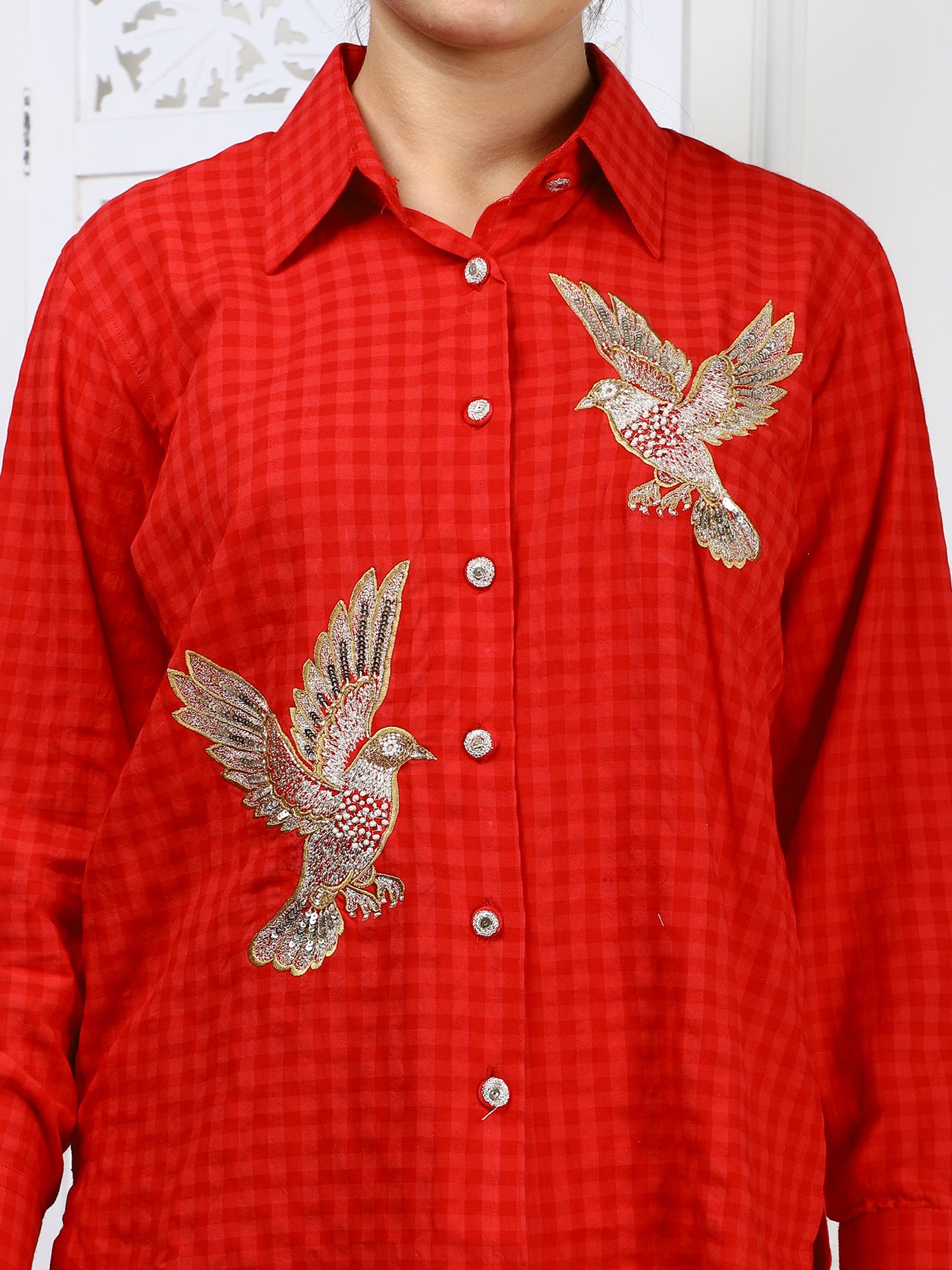 Red Cotton Hand-Embroidered Co-ord Set - 2-Piece Traditional Outfit with Bird Motifs