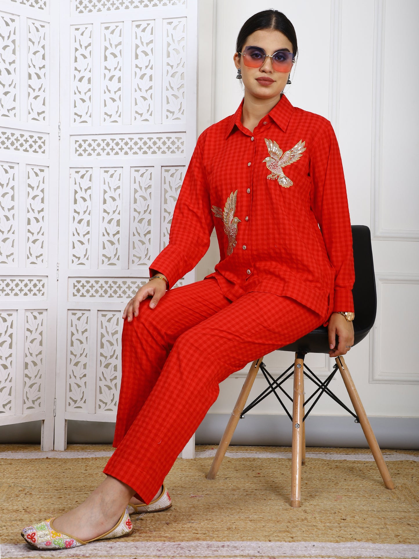 Red Cotton Hand-Embroidered Co-ord Set - 2-Piece Traditional Outfit with Bird Motifs