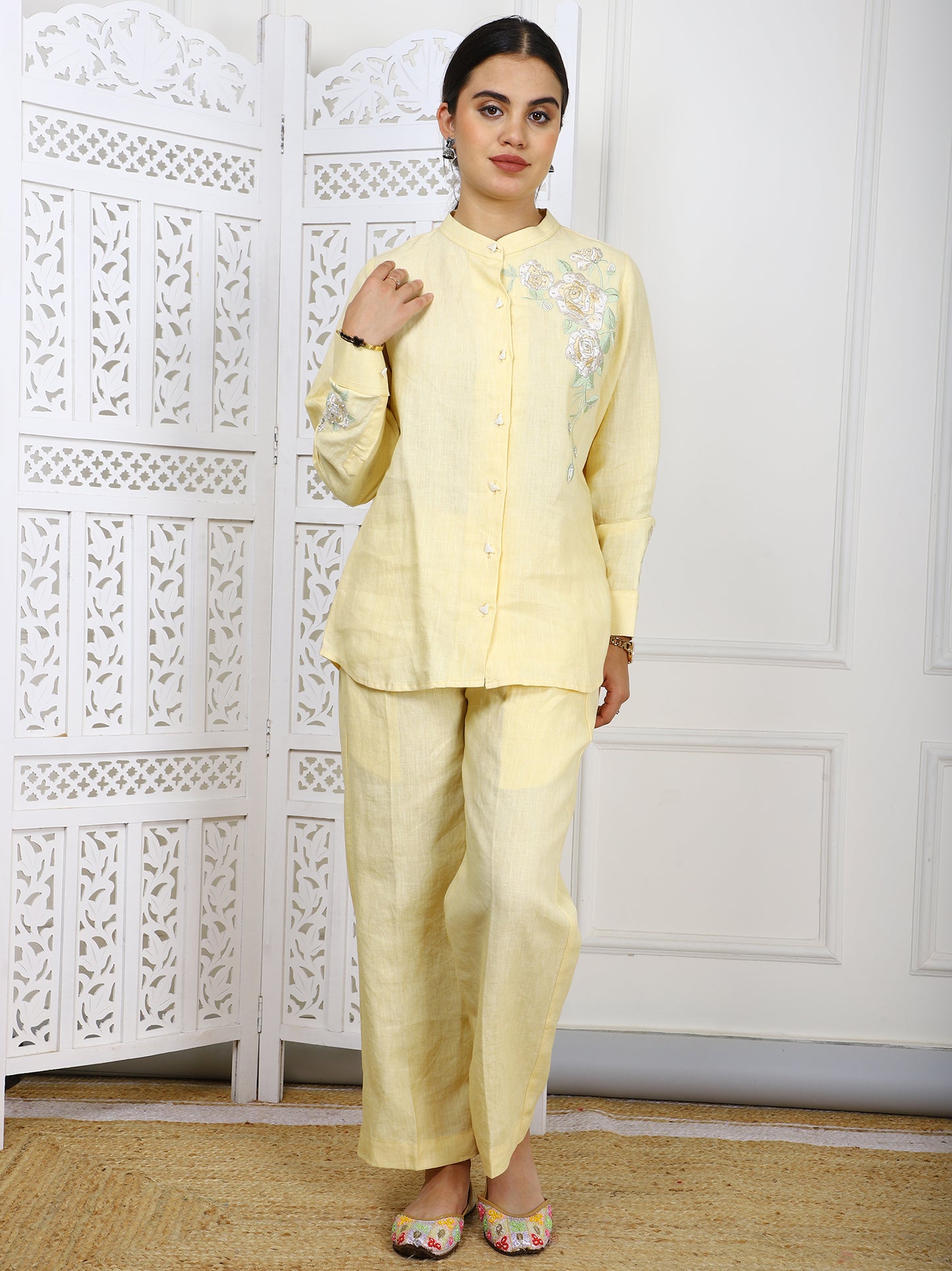 Lemon Yellow Linen Co-ord Set - Natural Embroidered Traditional Outfit